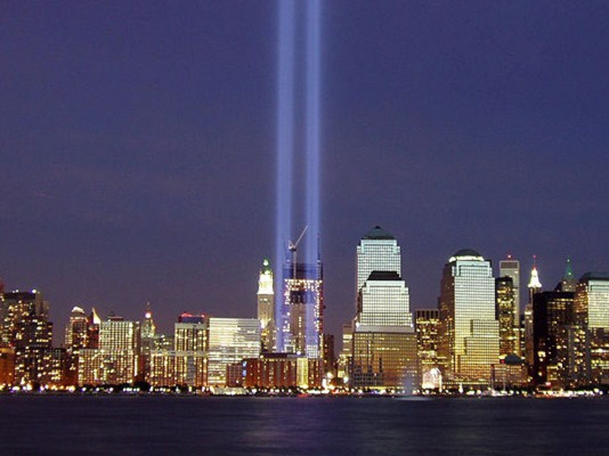 New York City, N.Y shines two lights where the twin towers stood on September 11, 2001 to commerate the sacrifices we made during that tragic day.  
