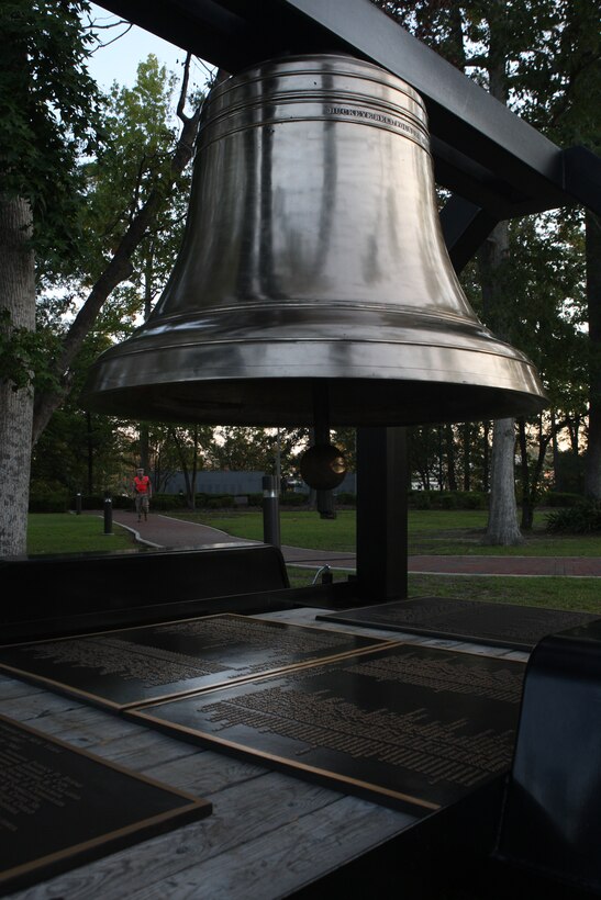 The New York City Fire Department Memorial Bell, one of five used in various ceremonies across the country, sits by the Memorial Beam in the Lejeune Memorial Gardens during the Patriot Day 2011 ceremony, the 10th anniversary of the Sept. 11, 2011 terrorist attacks. The bell commemorates the men, women and K9 dogs who lost their lives acting as the first responders of the World Trade Center destruction.