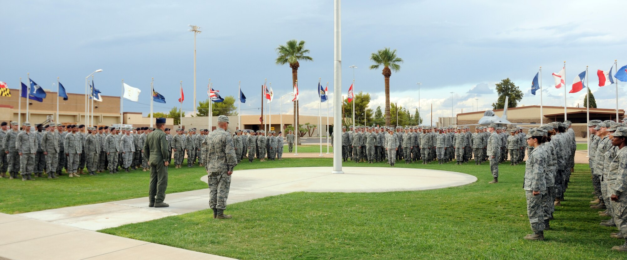 One hundred eighty-eight 944th Fighter Wing members stand in formation during a retreat ceremony held at the Wing Headquarters at Luke Air Force Base, Ariz. Sept 11, 2011 in remembrance of the attacks ten years earlier on Sept 11, 2001.  The retreat ceremony was held to honor past and present heroes who have defended the United States' national interest and for the 3,000 innocent lives taken on the 9/11 terrorist attack.  (U.S. Air Force photo/Staff Sgt. Louis Vega Jr.)