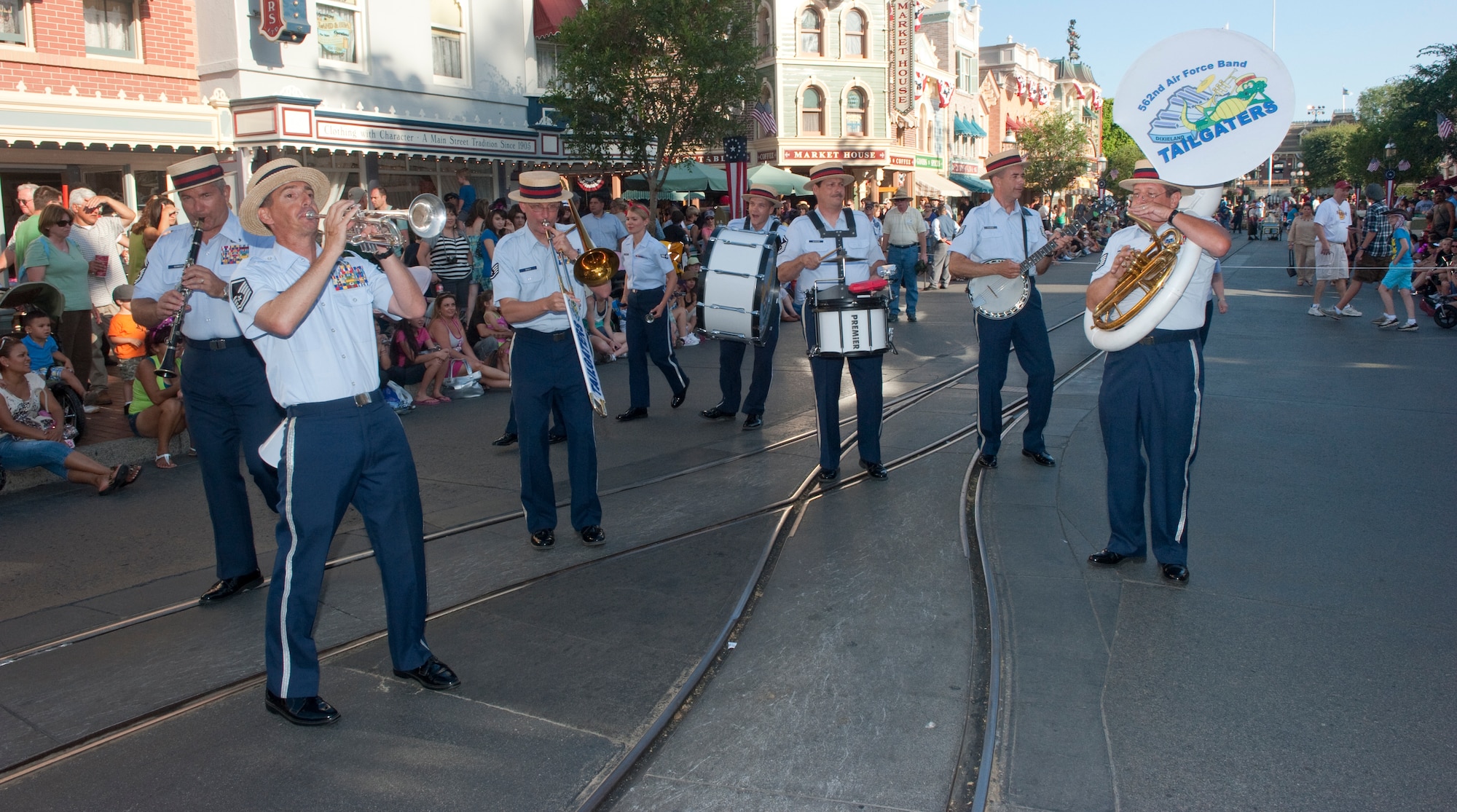 The Dixieland Tailgaters of the Air National Guard Band of the Southwest take to the streets of Disneyland to entertain the crowds as part of their Southerm Califonia tour. July 11, 2011.

Photo by TSgt Chuck Hatton