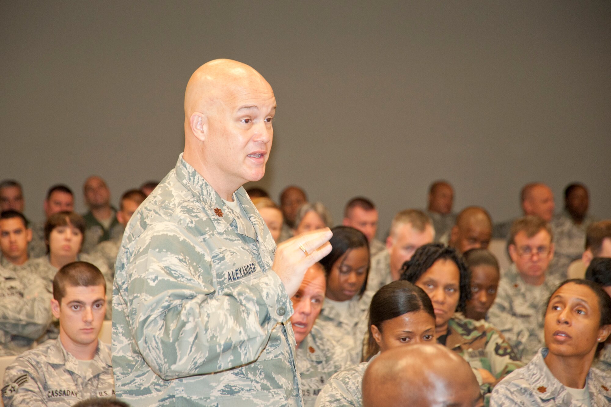 Major Chris Alexander, 403rd Aeromedical Staging Squadron senior administrator, advises Operational Readiness Inspection players on health precautions to take while participating in the 403rd Wing’s upcoming Operational Readiness Exercise and ORI. Safety, legal and emergency management issues were addressed to update participants on “need-to-know” information for the exercise and inspection. (U.S. Air Force photo/Tech. Sgt. Ryan Labadens)