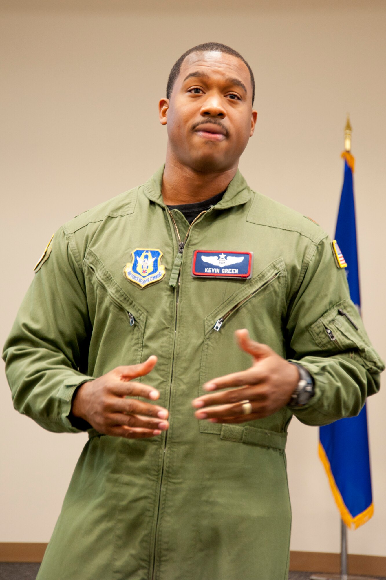 Major Kevin Green, 403rd Operations Support Flight planner and Operational Readiness Inspection warlord, addresses ORI players at an All-Call meeting held Sunday of the September unit training assembly. Safety, legal and emergency management issues were addressed to update ORI participants on “need-to-know” information for the January 2012 inspection. (U.S. Air Force photo/Tech. Sgt. Ryan Labadens)