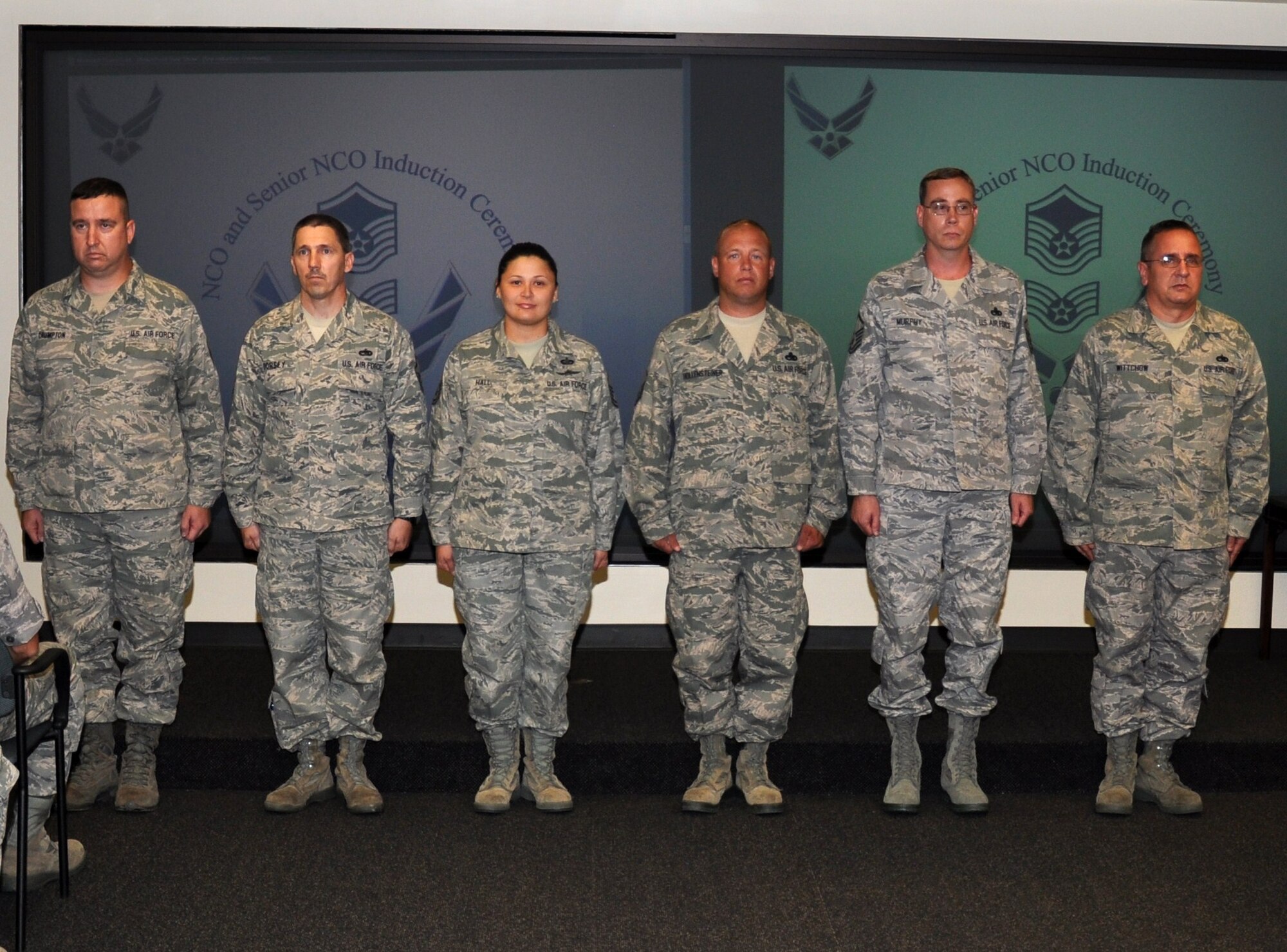 Six Airmen from the 315th Airlift Wing at Joint Base Charleston, S.C. are inducted into the senior noncommissioned officers corps Sept. 10, 2011. (U.S. Air Force photo\Staff Sgt. Shane Ellis)