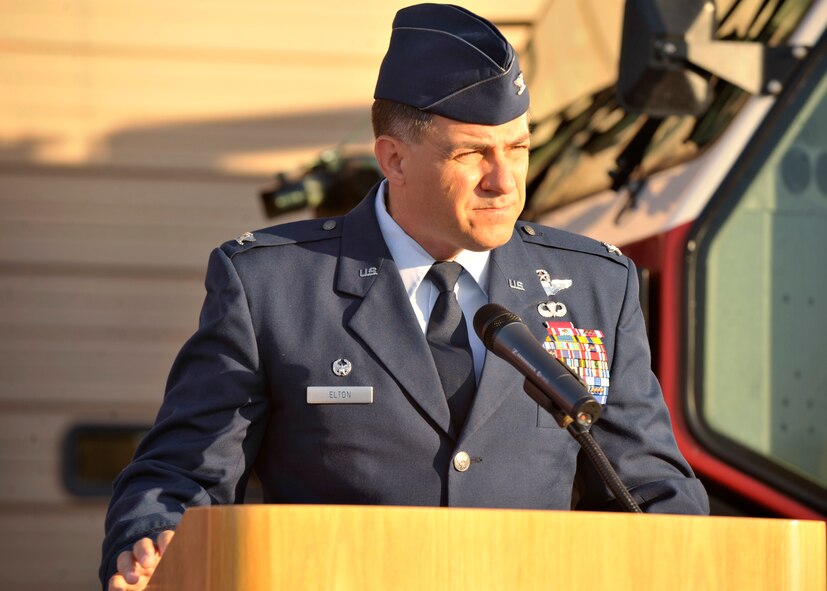Col. Buck Elton, 27th Special Operations Wing commander, speaks at a memorial ceremony honoring the victims of September 11, 2001 at Cannon Air Force Base, N.M., Sept. 11, 2011. The ceremony also included a memorial walk, a fly-over and a World Trade Center monument dedication. (U.S. Air Force Photo by Airman 1st Class Ericka Engblom)