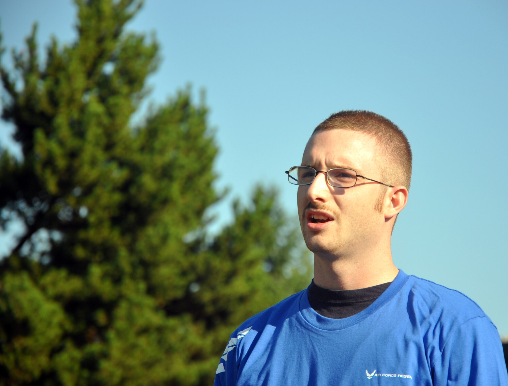 MCCHORD FIELD, Wash. - U.S. Air Force Airman Richard Eckhart, 446th Civil Engineer Squadron, electrician apprentice here, recites the Airman's Creed during a training and development session Sept. 10, 2011.  Eckhart, who hails from Spanaway, Wash., recently enlisted in the U.S. Air Force Reserve and plans to attend basic training in January 2012.  Eckhart and other new enlistees are part of a training and development program aimed at better preparing them for basic training with an emphasis on customs and courtesies, physical exercise and drill commands.  (U.S. Air Force photo by Tech. Sgt. Elizabeth Moody)