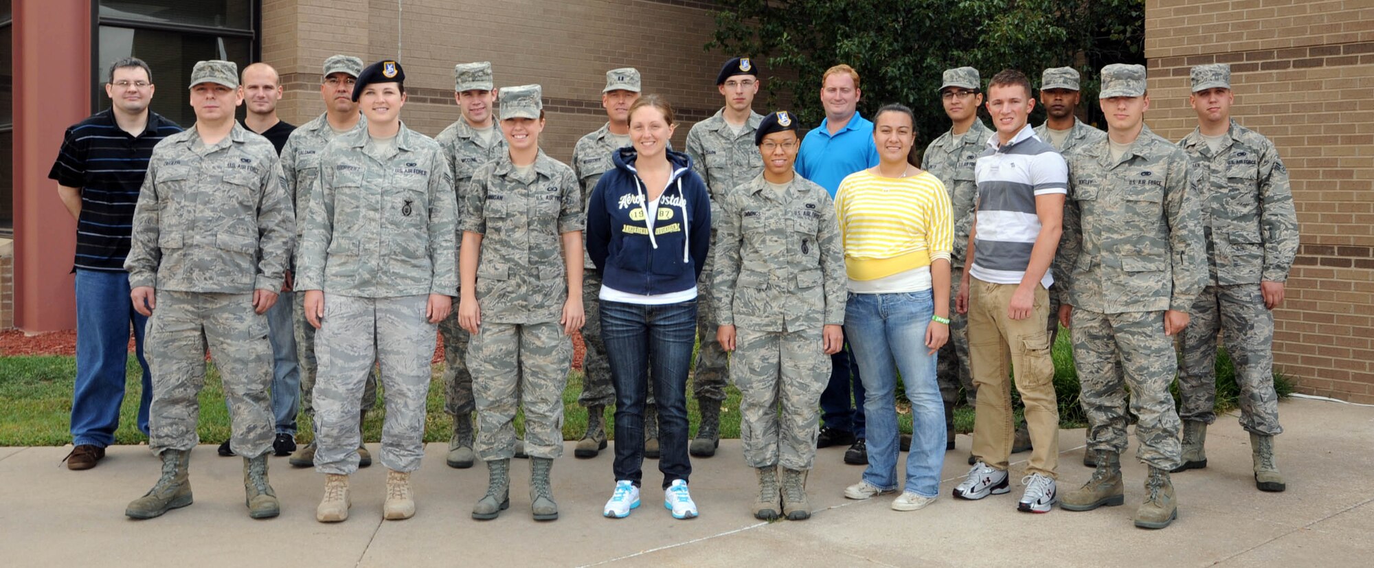 The 931st Air Refueling Group welcomed 18 new members during the September UTA.  Pictured are, back row, left to right:  Staff Sgt. Spencer Goff, Airman 1st Class Sean Huntley, Senior Master Sgt. Joseph Salomon, Airman First Class Michael McCune, Capt. John Neubecker, Airman Basic Kenneth Dixon, Senior Airman Russell Rains, Airman First Class Julian Smith, Airman First Class Melvin Matthews, and Airman First Class Peter Van Ostran.  Front row, left to right are:  Staff Sgt. Timothy Ziegler, Senior Airman Ashley Rodriguez, Airman First Class Amber Hannigan, Senior Airman Lindsey Wagner, Airman Basic Shirrell Cummings, Airman Basic Skylar Kamer, Airman First Class Caleb Holman and Airman First Class Zayne Bentley. (U.S. Air Force photo by 1st Lt. Zach Anderson) 