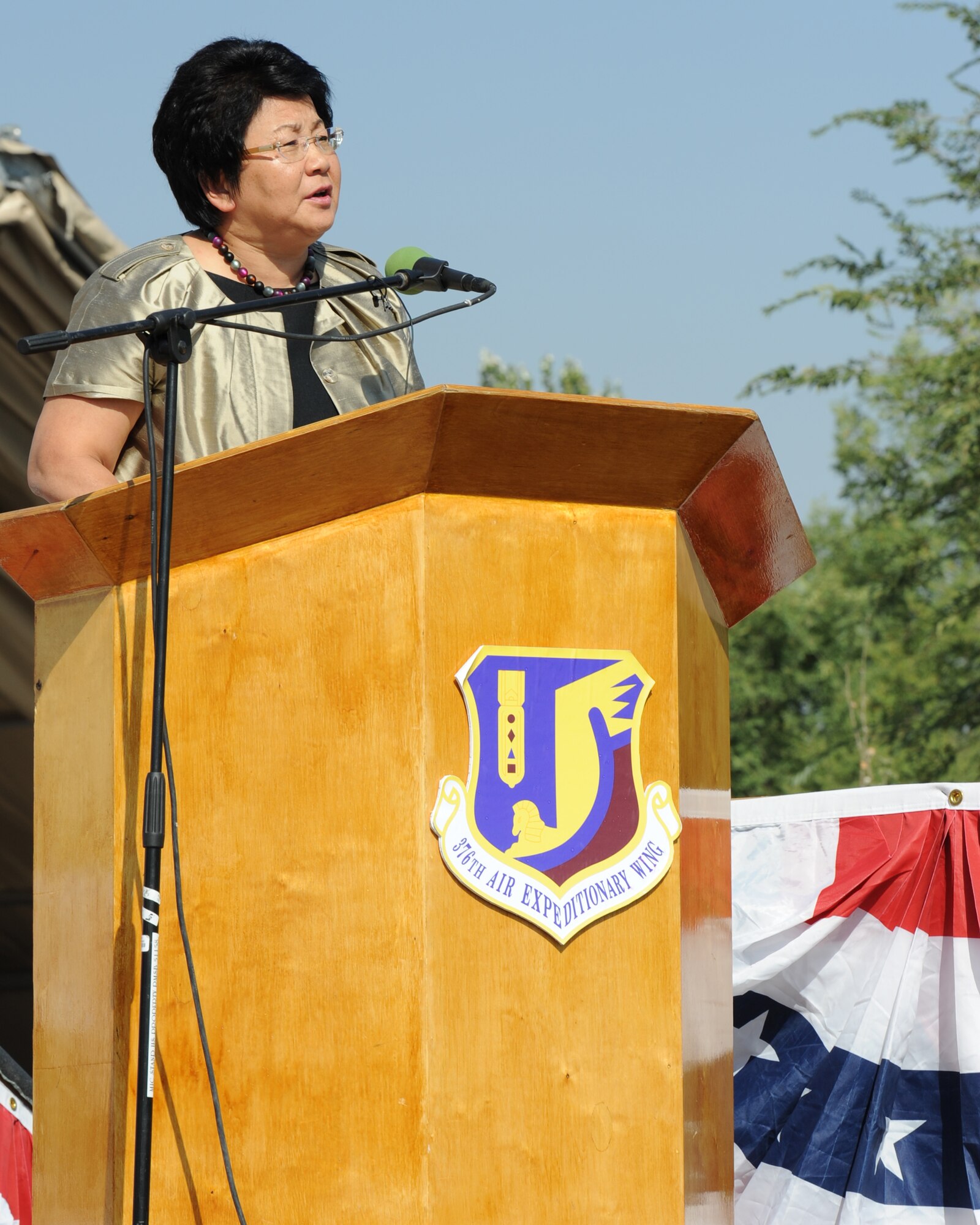 Kyrgyz Republic President Roza Otunbayeva speaks during the 9/11 Remembrance Ceremony at the Transit Center at Manas, Kyrgyzstan, Sept. 11. The ceremony was one of many events held at the Transit Center marking the 10th anniversary of 9/11. Distinguished visitors from 16 different countries attended the ceremony.  (U.S. Air Force photo/Tech. Sgt. Hank Hoegen) 