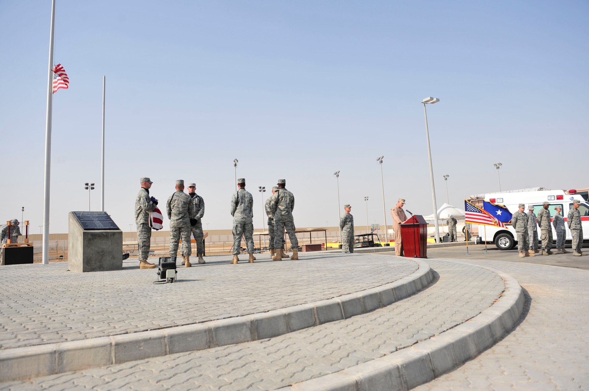 Brig. Gen. Jeffrey Lofgren, the 380th Air Expeditionary Wing commander, speaks to the troops during a 9/11 remembrance ceremony, Sept. 11, 2011, at the 380th AEW. The Airmen of the 380th AEW and its mission partners honored the 10th anniversary of attacks, remembering those who perished at the World Trade Center, the Pentagon, in Shanksville, Penn., and those who have given their lives in the name of freedom in the 10 years since, at a ceremony Sept. 11, at the wing 9/11 memorial. The event began at 8:46 a.m., the exact time of the first attack.  (U.S. Air Force photo/Tech Sgt. Patrick Mitchell)