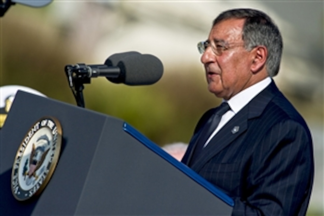 Defense Secretary Leon E. Panetta delivers remarks at the Pentagon 9/11 observance ceremony, Sept. 11, 2011, honoring the 184 victims killed when American Airlines Flight 77 crashed into the Pentagon during a terrorist attack 10 years ago.