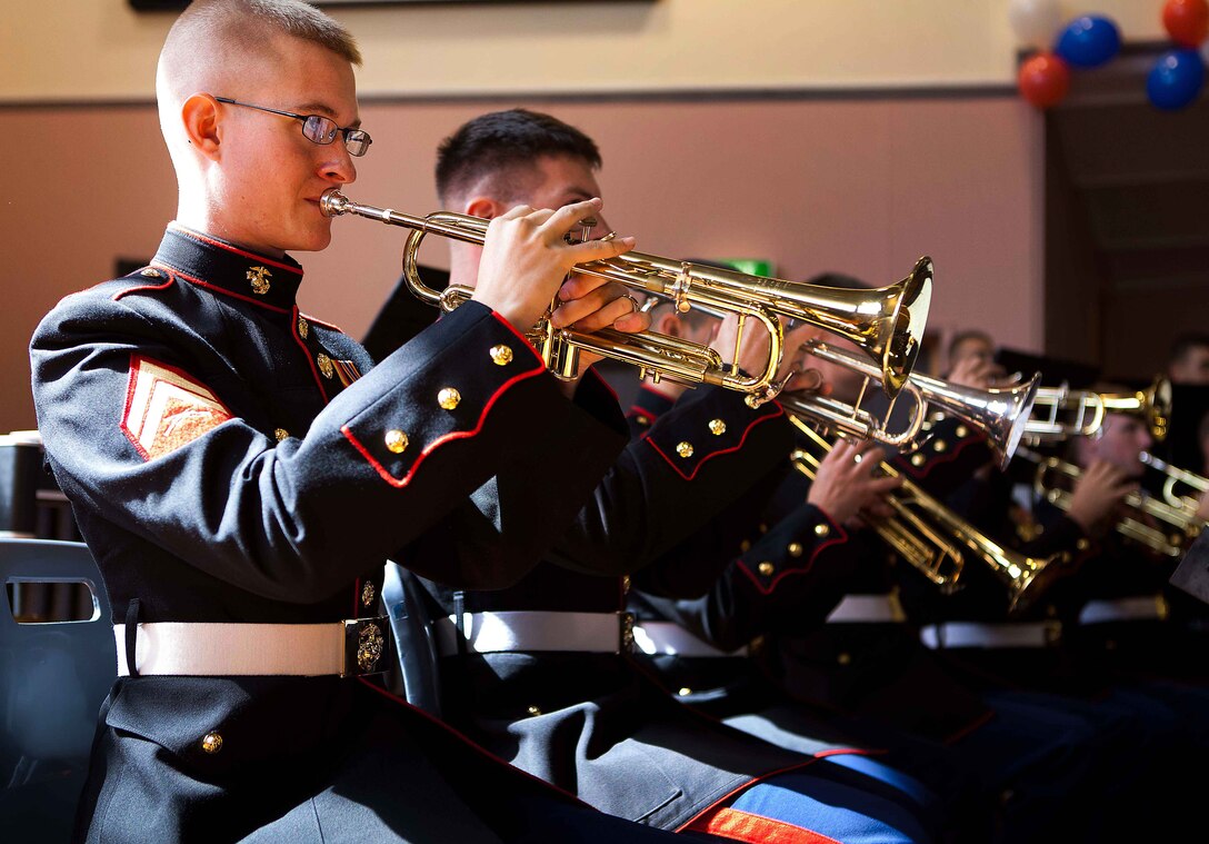 Cpl. Ronald Bellomy, trumpet player, U.S. Marine Corps Forces, Pacific Band, plays at the Stratford War Memorial Centre for a community outreach concert hosted here Sept. 13. The concert was held for the Stratford community in celebration of the 70th anniversary of Marines landing in Wellington in 1942. (Official U.S. Marine Corps photo by Lance Cpl. Isis M. Ramirez)