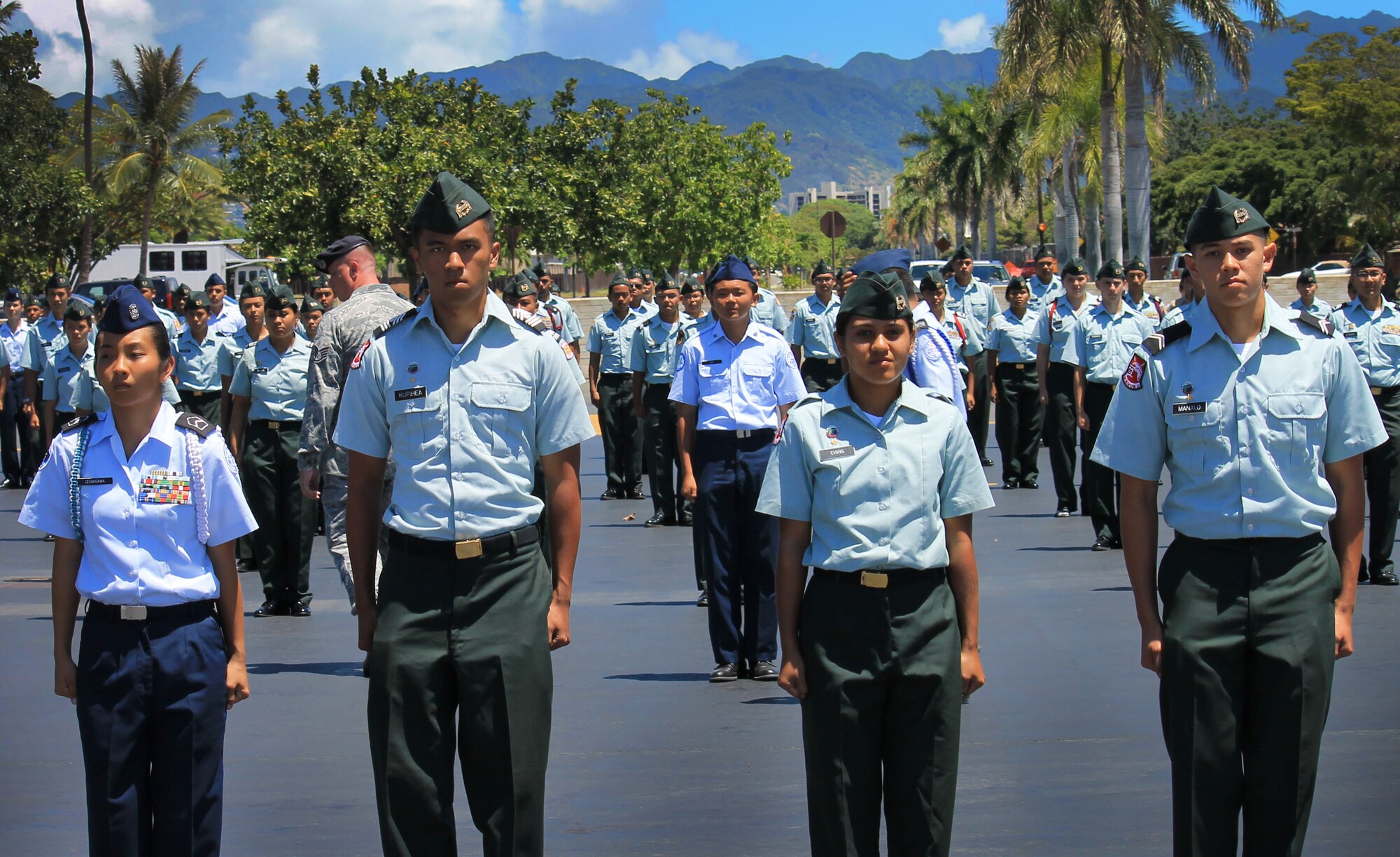 Junior Reserve Officer's Training Corps cadets stand in formation at the annual drill competition held on the Hickam Field flightline, Sept. 10. More than 300 JROTC cadets, from more than 14 high schools on Oahu attended the event. (U.S. Air Force photo/1st Lt. Jason Smith)