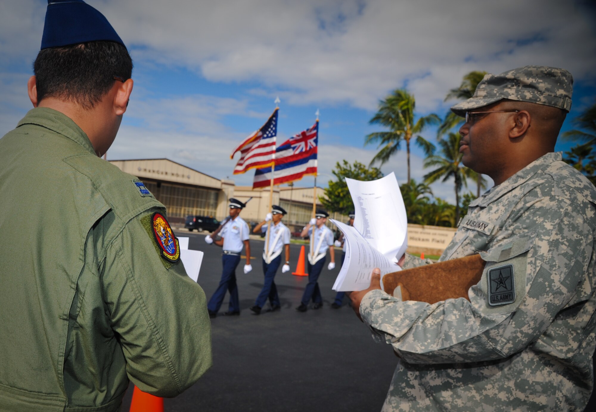 Junior Reserve Officer's Training Corps cadets from Moanalua High School compete at the annual drill competition held on the Hickam Field flightline, Sept. 10. More than 300 JROTC cadets, from more than 14 high schools on Oahu attended the event. (U.S. Air Force photo/Senior Airman Lauren Main)
