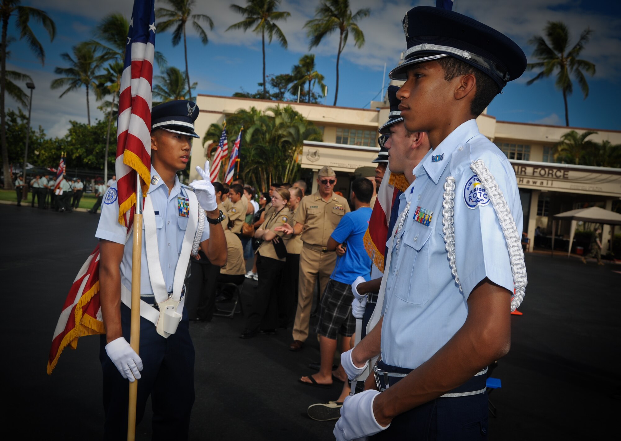 Junior Reserve Officer's Training Corps cadets from Moanalua High School prepare to compete at the annual drill competition held on the Hickam Field flightline, Sept. 10. More than 300 JROTC cadets, from more than 14 high schools on Oahu attended the event. (U.S. Air Force photo/Senior Airman Lauren Main)