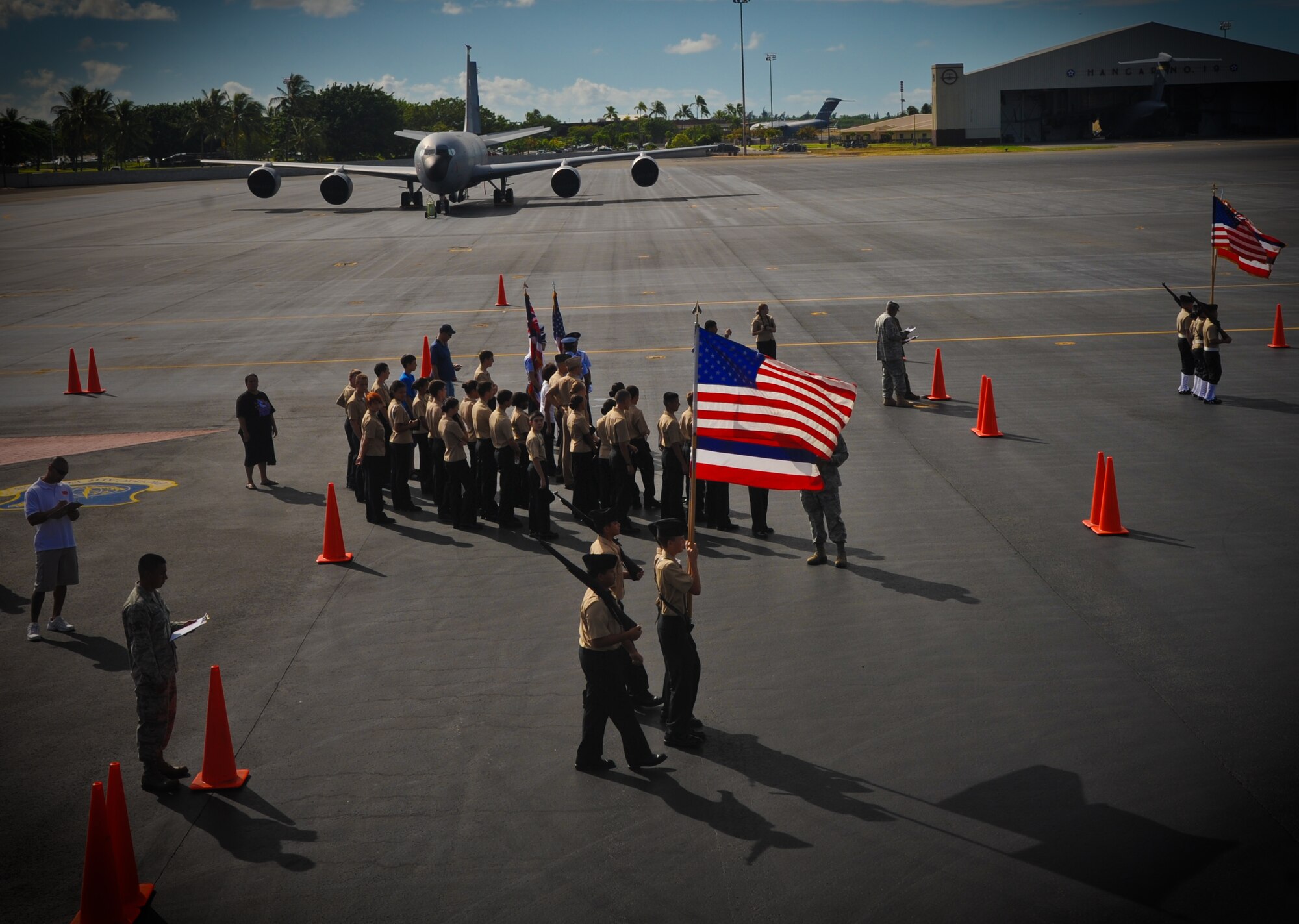 Junior Reserve Officer's Training Corps cadets rehearse and compete at the annual drill competition held on the Hickam Field flightline, Sept. 10. More than 300 JROTC cadets, from more than 14 schools on Oahu attended the event. (U.S. Air Force photo/Senior Airman Lauren Main)