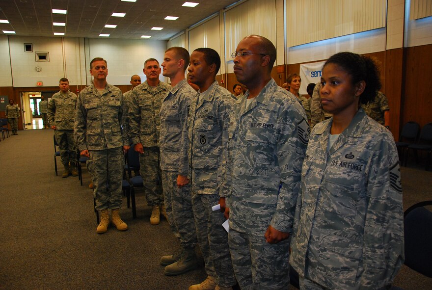 JOINT BASE ANDREWS, Md. -- The 459th Air Refueling Wing held its second Non-comissioned officer and Senior Non-commissioned officer induction ceremony of 2011 in the Wing Auditorium here, Sept. 11, 2011. The induction ceremonies are sponsored by the wing's Top 3 organization and will be held at multiple times throughout the year for Airmen who have made the NCO and SNCO ranks. (U.S. Air Force photo/SrA Amber Russell)