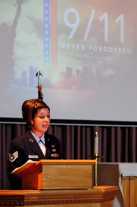 VANDENBERG AIR FORCE BASE, Calif. – Staff Sgt. Casie A. Hoffman, of the 614th Air and Space Operations Center, speaks about her experience during a 9/11 Memorial Ceremony at Chapel 1 here Monday, Sept. 12, 2011. The ceremony was in remembrance of the victims the 9/11 terrorist attacks. (U.S. Air Force photo/Senior Airman Lael Huss)