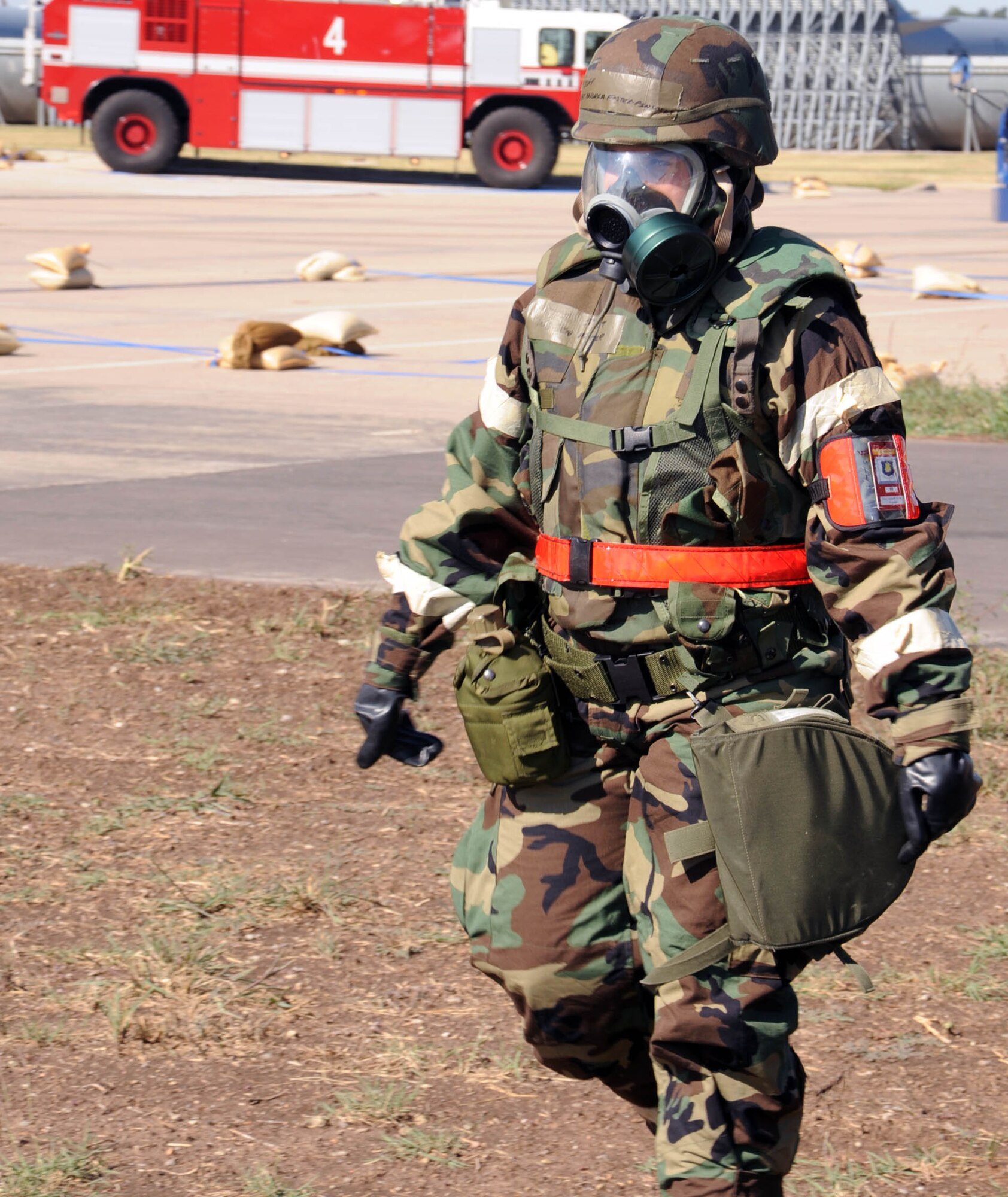 Staff Sgt. Andrea Foster-Pincoski, 931st Civil Engineer Squadron, participates in a post-attack reconnaissance sweep during an operational readiness excercise at McConnell Air Force Base, Kan., Sept. 11, 2011.  The excercise was conducted to prepare the unit for an upcoming operational readiness inspection. (U.S. Air Force photo by 1st Lt. Zach Anderson)