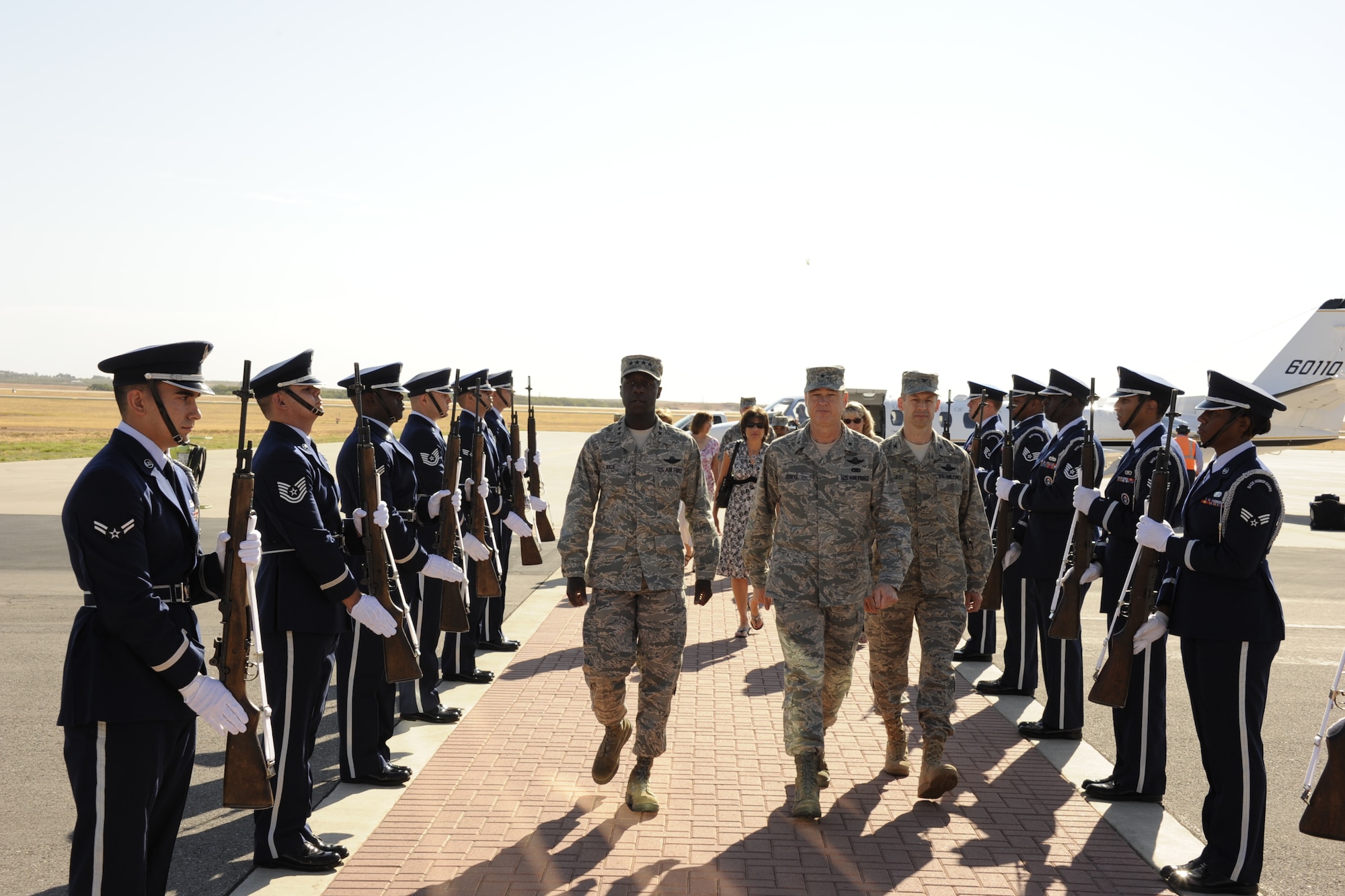 AETC Commander Gen. Edward A. Rice, Jr.(left) walks through the honor cordon with 82nd Training Wing Commander Brig. Gen. Darryl W. Burke and Col. Dieter E. Bareihs after arriving at Sheppard Sept. 7.
