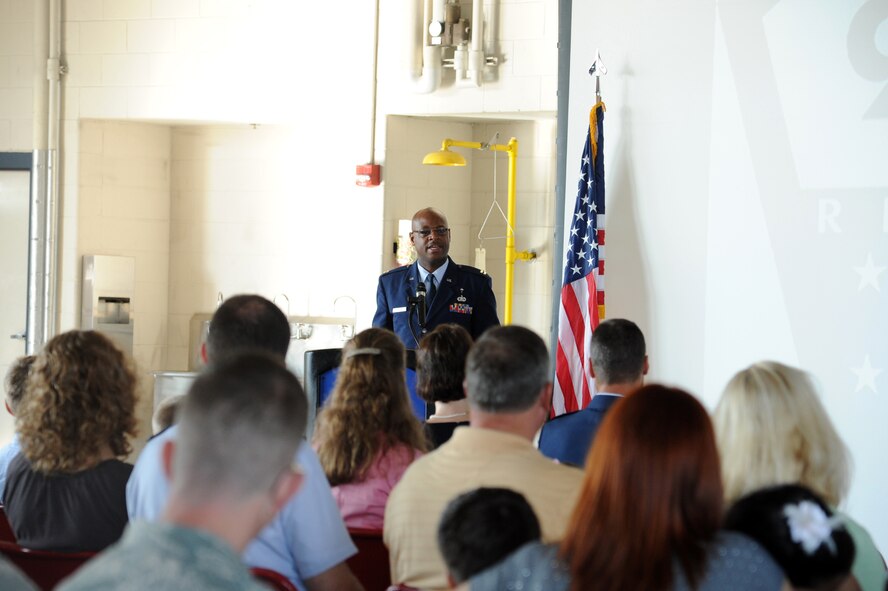 Chaplain (Capt.) Thomas A. Webb gives a speech during a 9/11 remembrance ceremony on Seymour Johnson Air Force Base, N.C., Sept. 11, 2011. The four hijacked planes had no survivors (246 deaths). Webb spoke to the crowd about appreciation for life. Webb is a 4th Fighter Wing base chaplain and a native of Newport News, Va. (U.S. Air Force photo by Senior Airman Whitney Lambert)