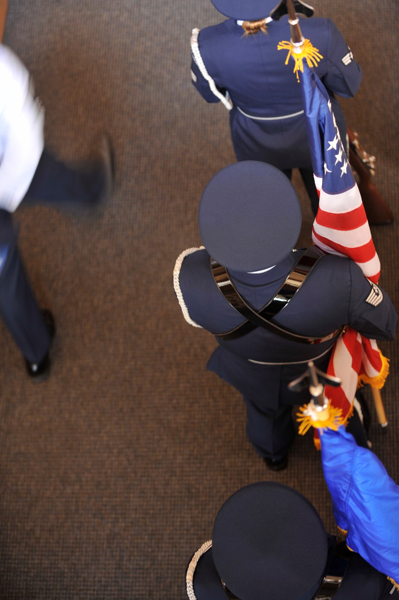 VANDENBERG AIR FORCE BASE, Calif. -- Members of the Vandenberg Honor Guard wait to post the colors during a 9/11 memorial ceremony at the base chapel here Monday, Sept. 11, 2011. The ceremony paid tribute to fallen heroes of the 9/11 attacks. (U.S. Air Force photo/Staff Sgt. Andrew Satran) 

 