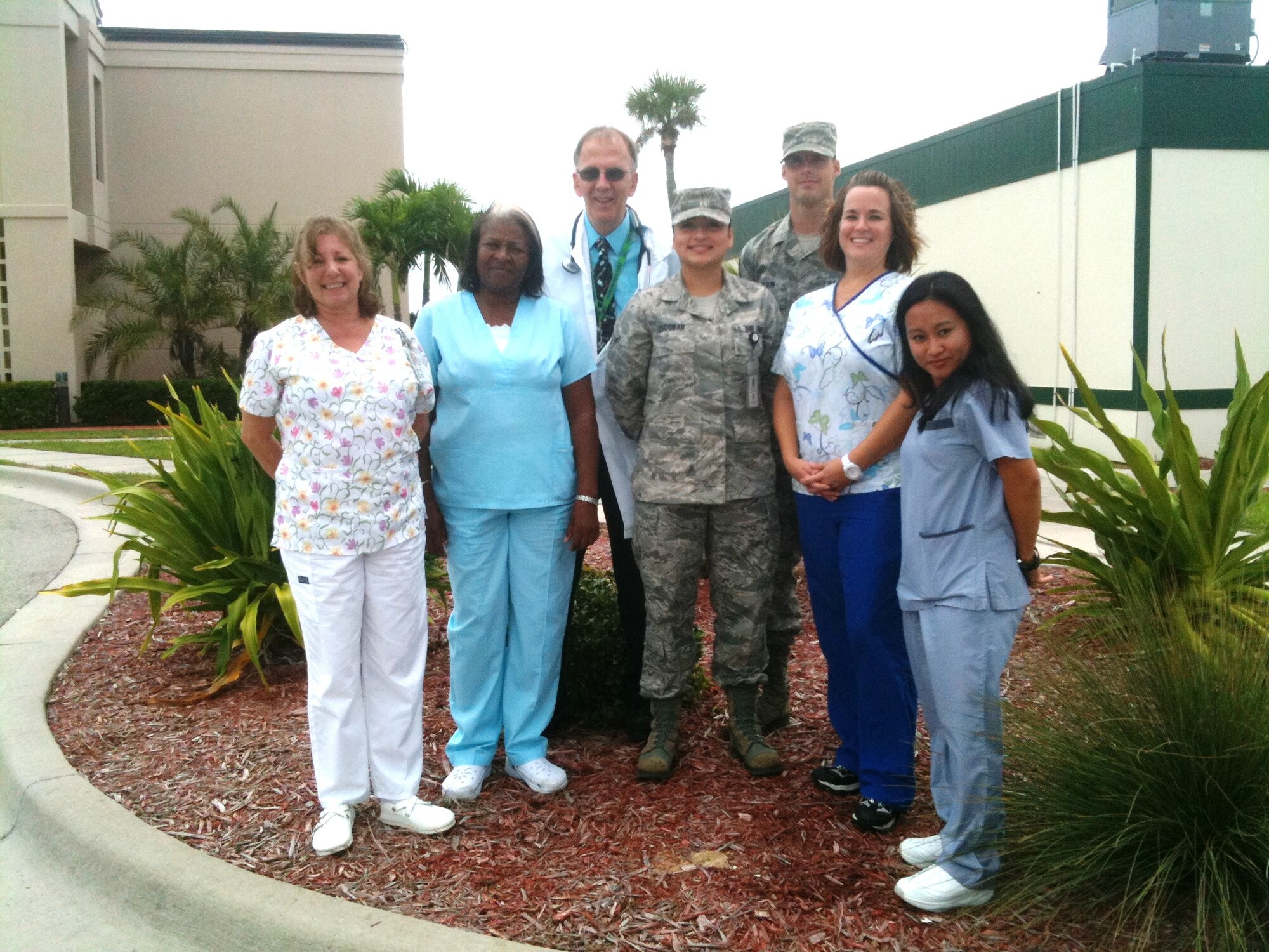 A Patrick Air Force Base Family Health Team was awarded "Best Performing Family Health Team" in the entire Air Force for the second quarter of Fiscal Year 2011. Discovery team members from the 45th Medical Group pictured are (front row, from left)  Laura Wiler, RN;  Alversia Williams, LPN; Airman 1st Class Katalina Escoba, Medical Technician; Heather Skinner, LPN; Ms Charlene Thomas, LPN; (back row, from left) William Carnes, Physician Assistant; Airman 1st Class Jon Olson, Medical Technician. (Air Force photo/Capt. Jennifer Spencer)
