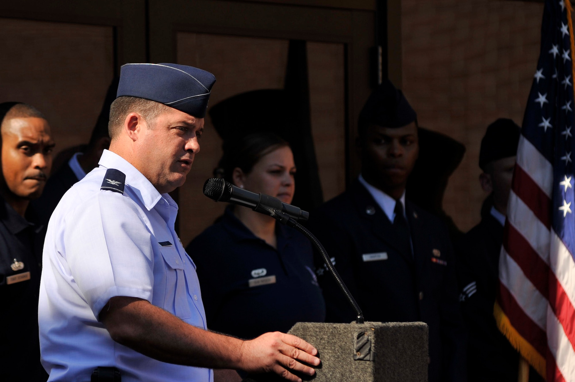 U.S. Air Force Col. Don Godier, 20th Fighter Wing vice commander, speaks during the grand opening of the new fitness center addition, Sept. 12, 2011, Shaw Air Force Base, S.C. The approximately 25,000 sq. ft. addition adds a new cardio room, weight room and a men's and women's locker room. (U.S. Air Force photo by Senior Airman Kenny Holston/Released)

