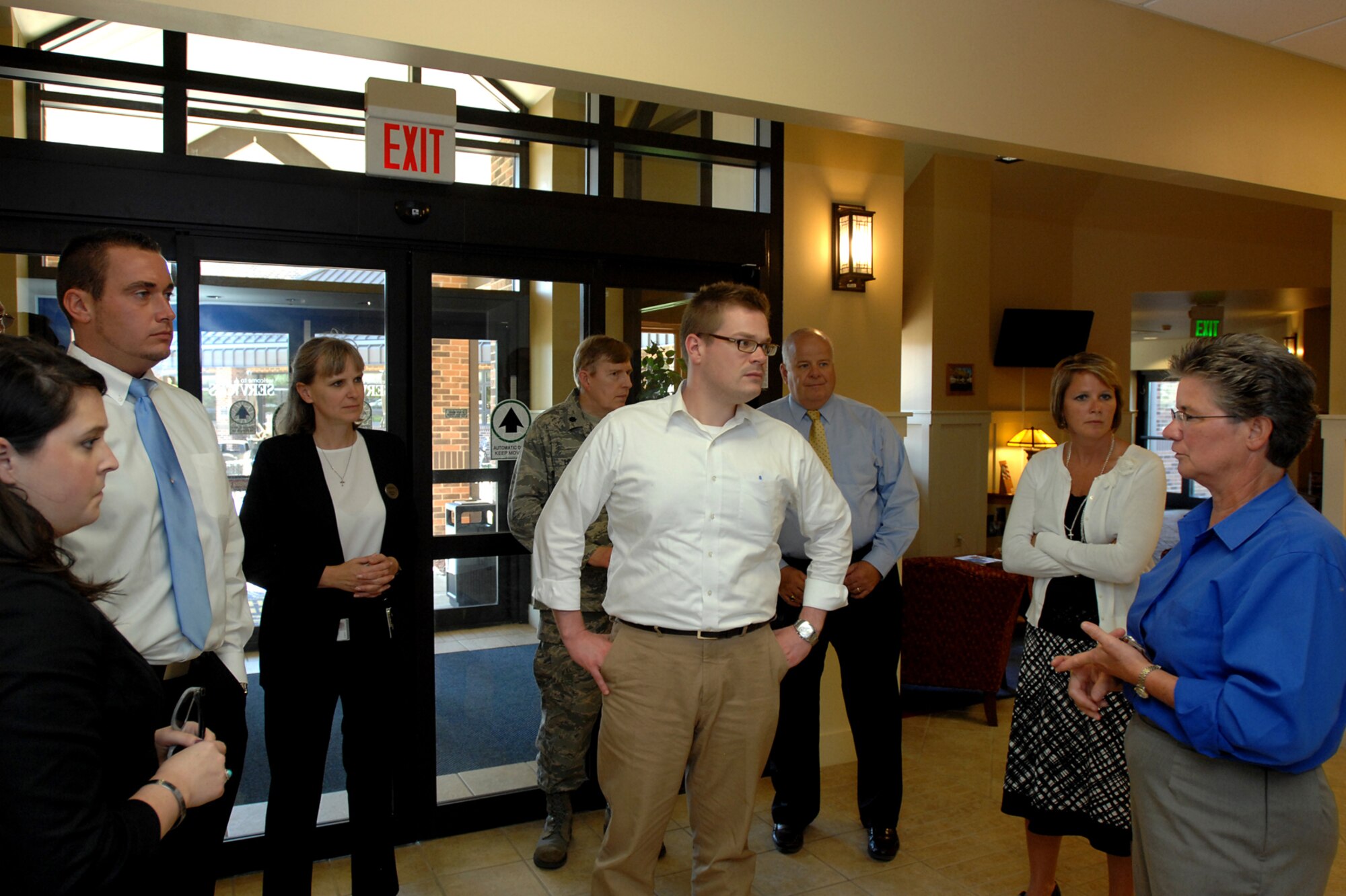 GRISSOM AIR RESERVE BASE, Ind. -- Katie Wachtler, Jack Middleton, Mary Mclean, Lt. Col. Gary Lockard, Nathan Fenstermacher, Jim Tidd, Christy Householder and Vickie Butte take part in a tour of Grissom, which was intended for them to gain a better understanding of operations here Aug. 9. Wachtler is the executive assistant for Congressman Dan Burton. Middleton is the director of community relations for Congressman Dan Burton. McLean is the Grissom Inn lodging manager, Lt. Col. Lockard is the 434th Air Refueling Wing public affairs chief. Fenstermacher is the legislative director for Congressman Joe Donnelly. Tidd is the director of Miami County Economic Development Authority. Householder is the MCEDA director of business retention. Butte is the Grissom Services director. (U.S. Air Force photo/Senior Airman Jami K. Lancette)