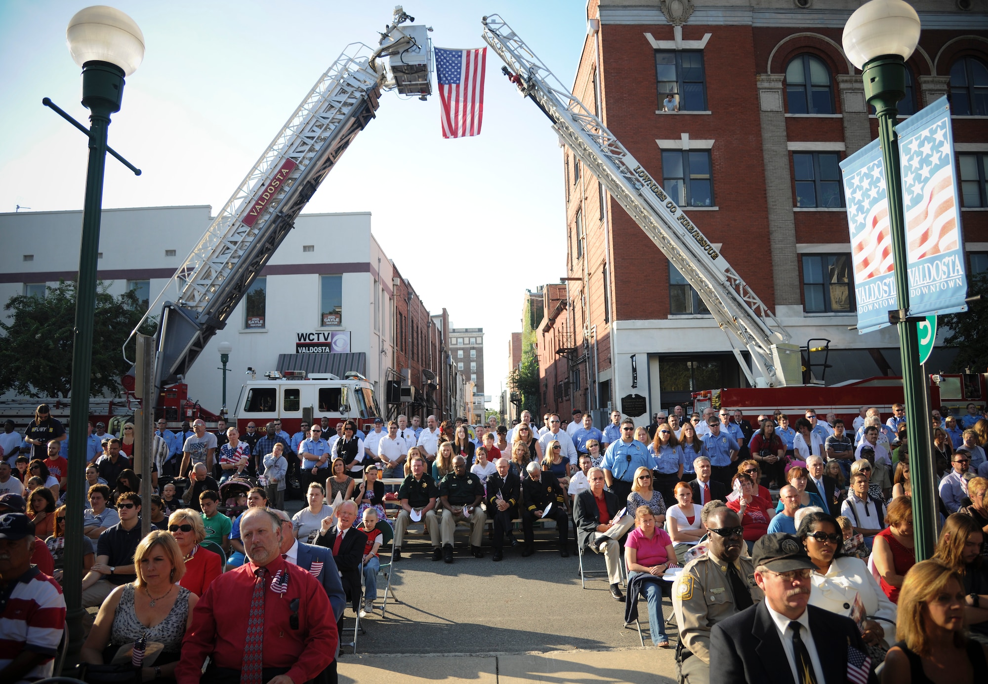 Members of the Valdosta Ga. community attend the 10th anniversary of 9/11 remembrance ceremony on Sept. 11, 2011 to honor lives lost on that “terrible Tuesday”. The ceremony honored the 2,977 men and women who died during the attacks on Sept. 11, 2001. (U.S. Air Force photo by Airman 1st Class Paul Francis/Released)

