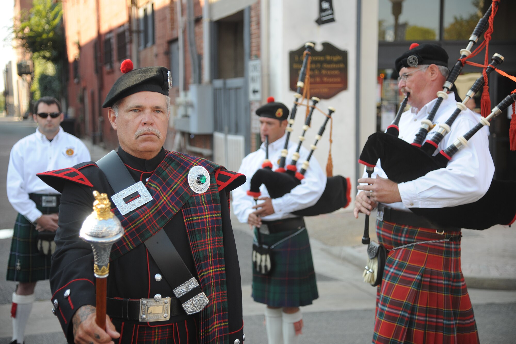 The Valdosta fire department pipe and drum corps play “Amazing Grace” during the closing of the 10th anniversary of 9/11 remembrance ceremony  in Valdosta Ga., Sept. 11, 2011.  The ceremony reflected on the tragedy, the lives lost and the heroes who gave their lives to save others 10 years ago. (U.S. Air Force photo by Airman 1st Class Paul Francis/Released)
