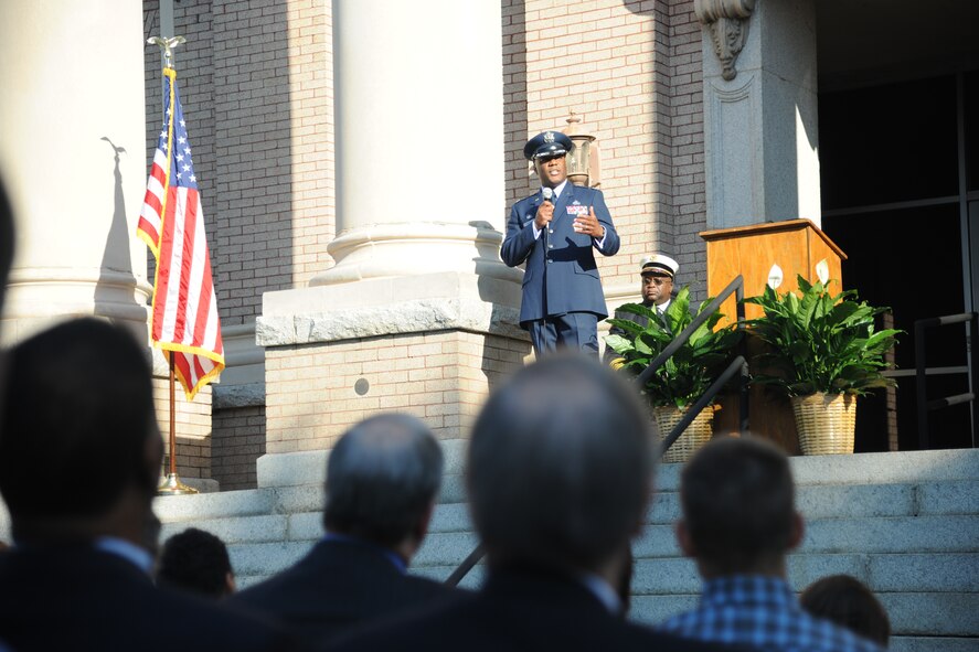 Col. Neil Robinson, 23rd Maintenance Group commander, the guest speaker at the 10th anniversary of 9/11 remembrance ceremony shares his story to the audience in Valdosta Ga., Sept. 11, 2011. Robinson who was stationed at the Pentagon during the terrorist attacks on Sept. 11, 2001, told his story of what happened that day. (U.S. Air Force photo by Airman 1st Class Paul Francis/Released)
