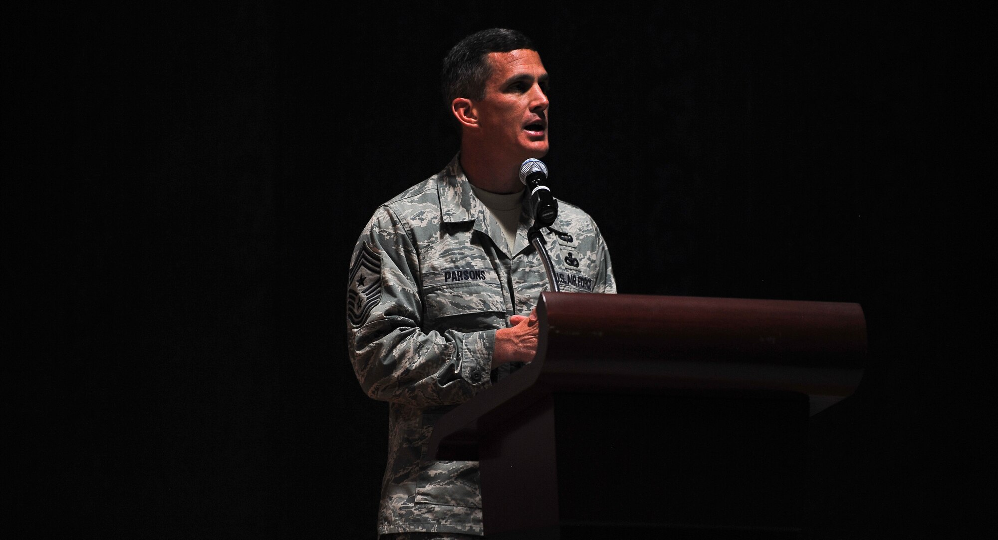 Chief Master Sgt. Richard Parsons, U.S. Air Forces Central Command command chief, was the guest speaker at a 9/11 remembrance ceremony, Sept. 11, 2011, at an undisclosed location in Southwest Asia. The ceremony marked the 10-year anniversary of the sudden and tragic terrorist attack upon the United States. (U.S. Air Force photo/Senior Airman Paul Labbe)