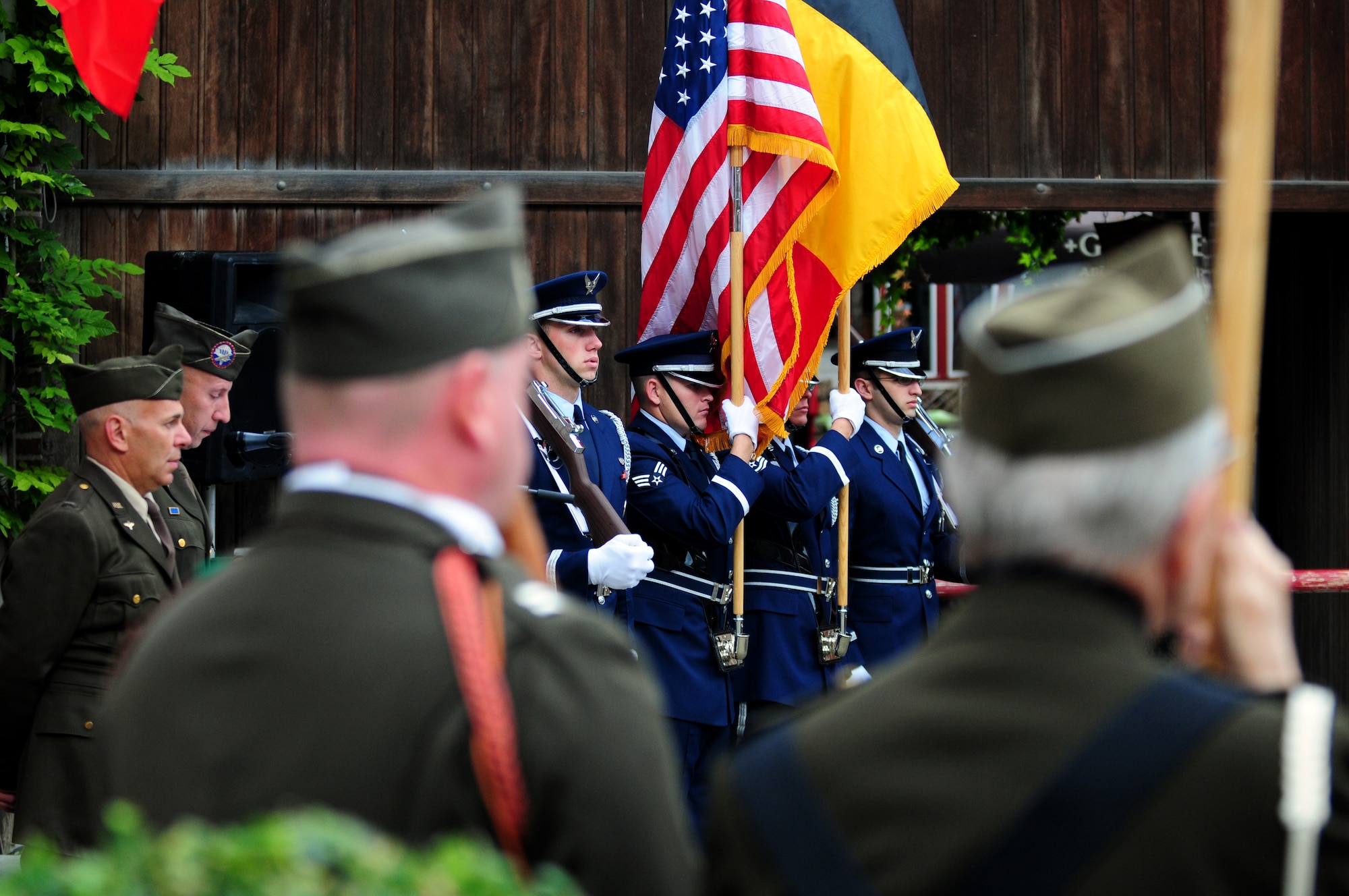 BORLO, Belgium – 52nd Fighter Wing Honor Guard members stand at attention before posting the colors during a 9-11 memorial ceremony here Sept. 11. U.S. service members and Belgian World War II Honor Guard Team members, along with the local community, participated in this ceremony as part of the Belgian Open Monument Day in remembrance of the victims of the Sept. 11, 2001 terrorist attacks on the United States. (U.S. Air Force photo/Airman 1st Class Matthew B. Fredericks)