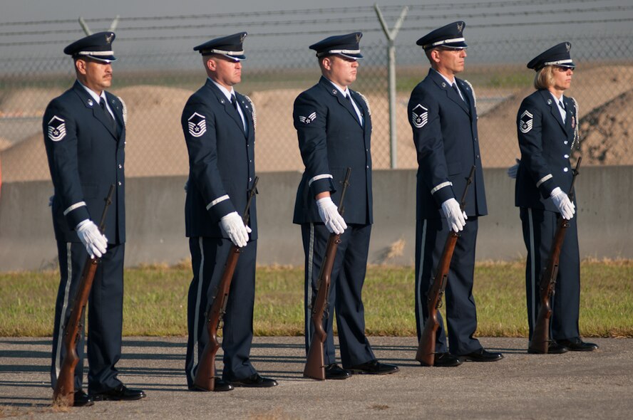 Airmen with the Missouri Air National Guard’s 139th Airlift Wing Honor Guard, stand at ease during the 9-11 ceremony at Rosecrans Memorial Airport in Saint Joseph, Mo., on September 11, 2011. The ceremony was held on the 10th anniversary of the attack, to pay tribute and remember the 2819 lost on that day. (U.S. Air Force Photo by Senior Airman Sheldon Thompson)