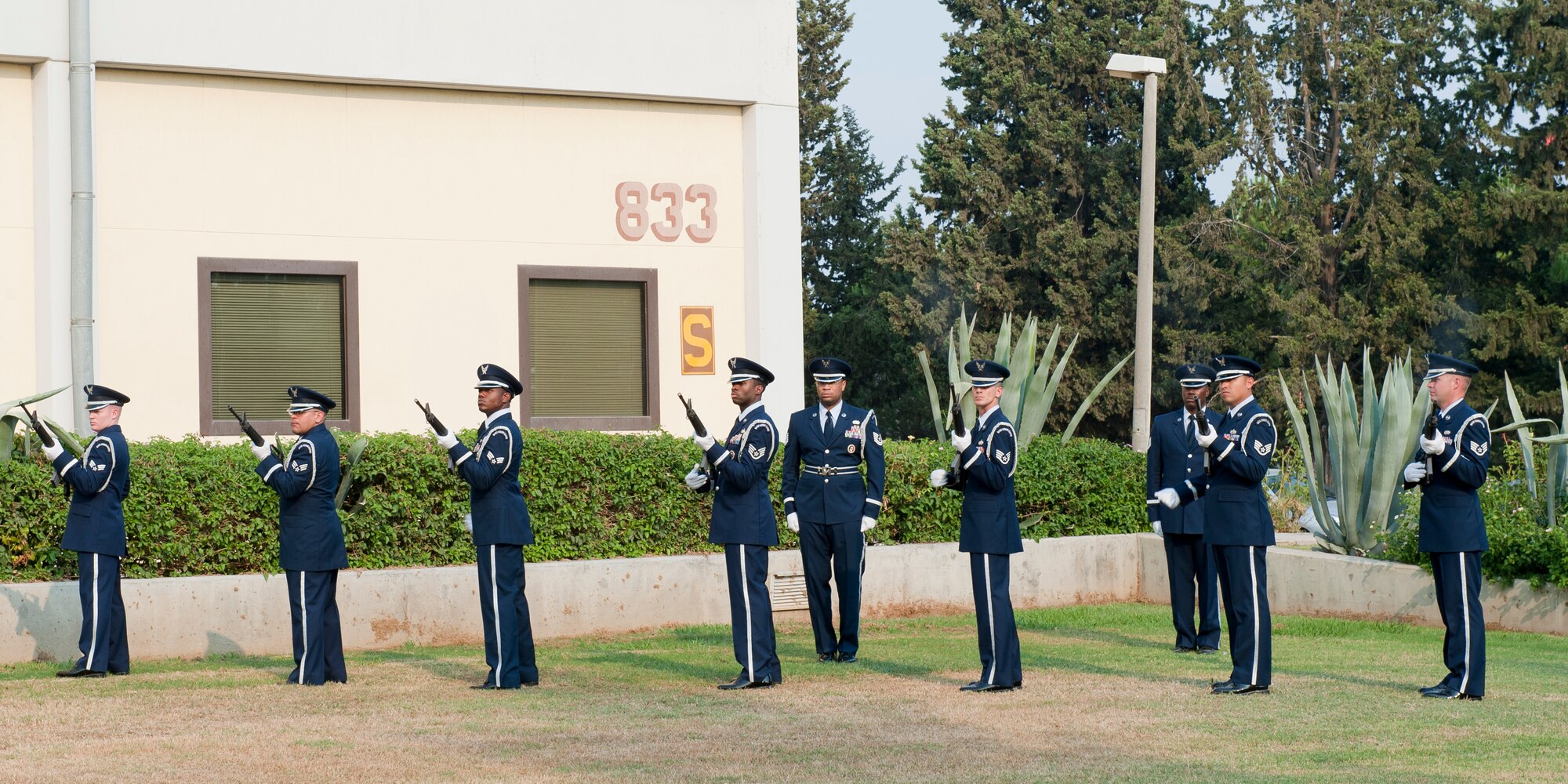 Members of the 39th Air Base Wing Honor Guard perform a 3-volley rifle salute during the 9/11 Remembrance Retreat Ceremony Sept. 9, 2011, at Incirlik Air Base, Turkey. The ceremony honored those who lost their lives in the attacks on Sept. 11. (U.S. Air Force photo by Senior Airman Anthony Sanchelli)