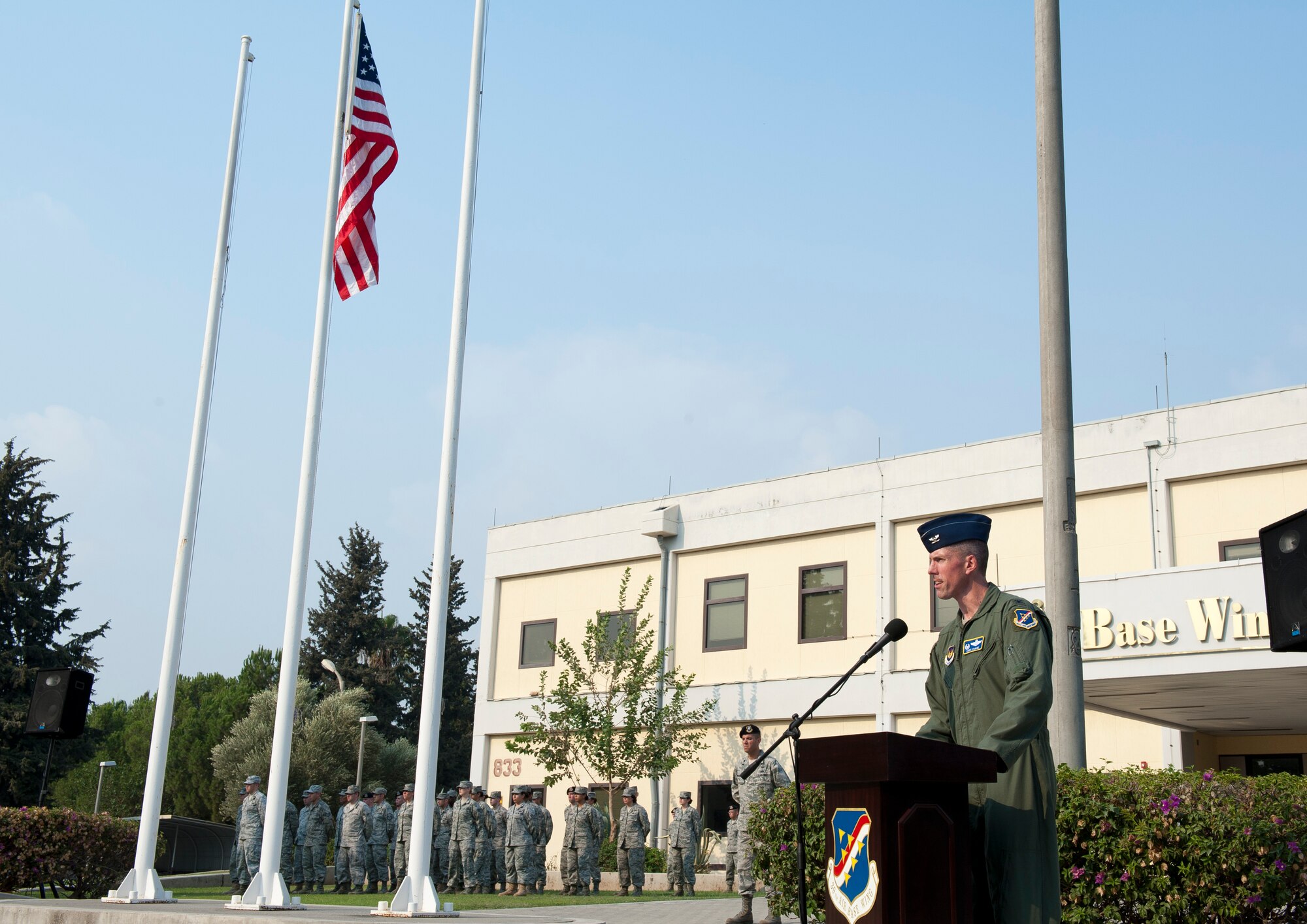 Col. Christopher Craige, 39th Air Base Wing commander, speaks to Airmen during the 9/11 Remembrance Retreat Ceremony Sept. 9, 2011, at Incirlik Air Base, Turkey. The ceremony honored those who lost their lives in the attacks on Sept. 11. (U.S. Air Force photo by Senior Airman Anthony Sanchelli)