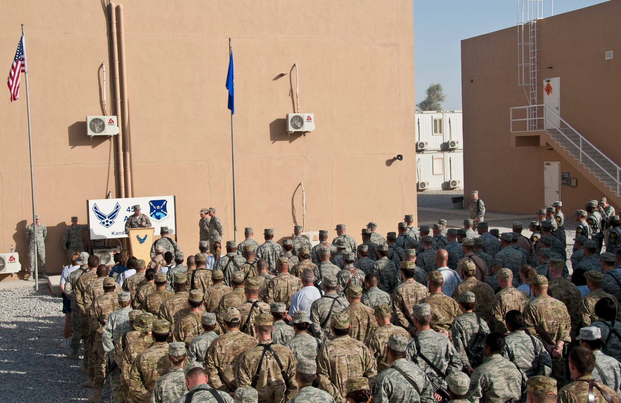 KANDAHAR AIRFIELD, Afghanistan -- Brig. Gen. Thomas Deale speaks to the attendees of the 9/11 Memorial Ceremony at Camp Losano Sept. 11, 2011. Airmen assigned to Kandahar Airfield came together on the 10th anniversary to honor those who perished during the 9/11 attacks. During the ceremony, Deale spoke about the effects of the attacks on the United States and thanks service members for their service.
 (U.S. Air Force photo by Senior Airman David Carbajal)
