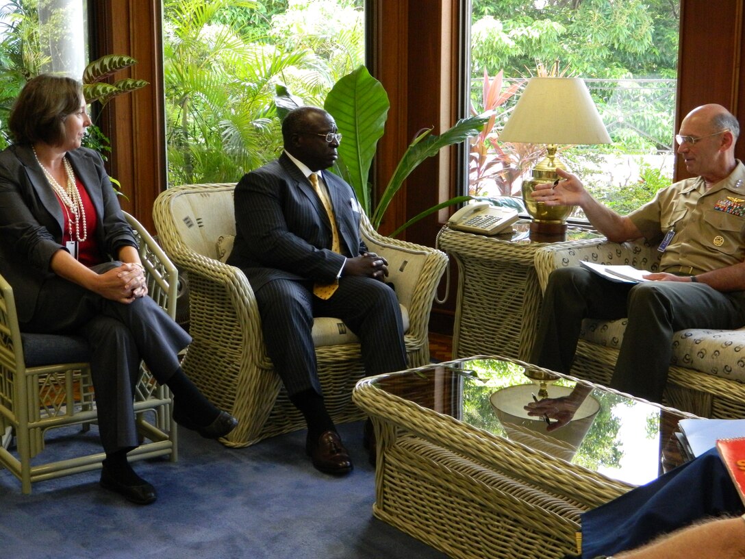 Lt. Gen. Duane D. Thiessen, right, commander of U.S. Marine Corps Forces, Pacific, meets with the U.S. Ambassador to the Philippines, Ambassador Harry K. Thomas Jr., center, and deputy chief of mission, Leslie A. Bassett, at the U.S. Embassy in Manila, Sept. 14. Thiessen visited the Philippines to meet with U.S. and Filipino military officials, and component commanders from the Armed Forces of the Philippines.