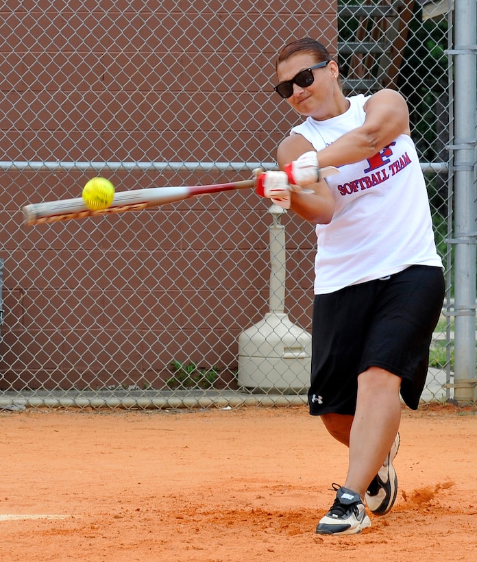 Air Force Staff Sgt. Lindsay Ciullo, 446th Aeromedical Staging Squadron out of McChord Field, Wash., whacks a softball during practice, Sept. 2, 2011 at Tyndal Air Force Base, Fla. This is the fourth year in the row Ciullo has made it on the Women's Air Force Sotfball Team. The team has been practicing and scrimmaging in preparation for the Armed Forces Tournament, Sept. 19, 2011 at Pensacola Air Station, Fla. (U.S. Air Force photo by Lisa Norman)