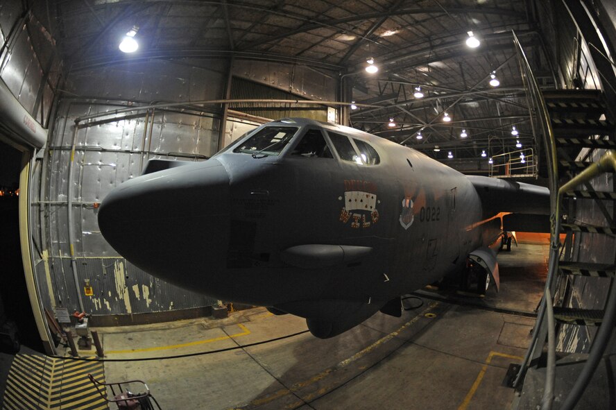 A B-52H Stratofortress sits in a hangar on Barksdale Air Force Base, La., Sept. 12. Airmen from the 2nd Maintenance Squadron Fabrication Flight were sent to repair a broken spoiler on the wing of the bomber. (U.S. Air Force photo/Airman 1st Class Micaiah Anthony)(RELEASED)