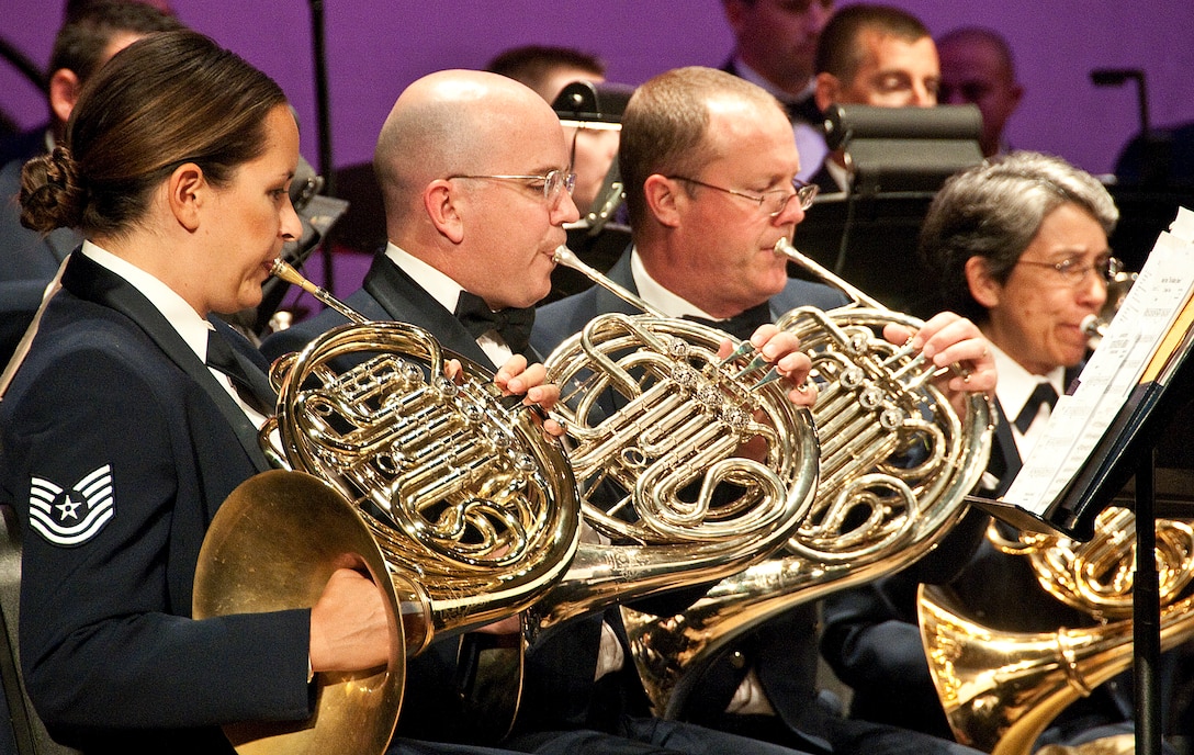 French horns from the 562nd Air National Guard Band of the Southwest and 561st Air National Guard band of the West Coast perform during a combined concert. Music from the recently recorded CD project "F'ag of Stars" was performed for the public in Oxnard California. 10 July 2010

Photo by MSgt Dave Buttner