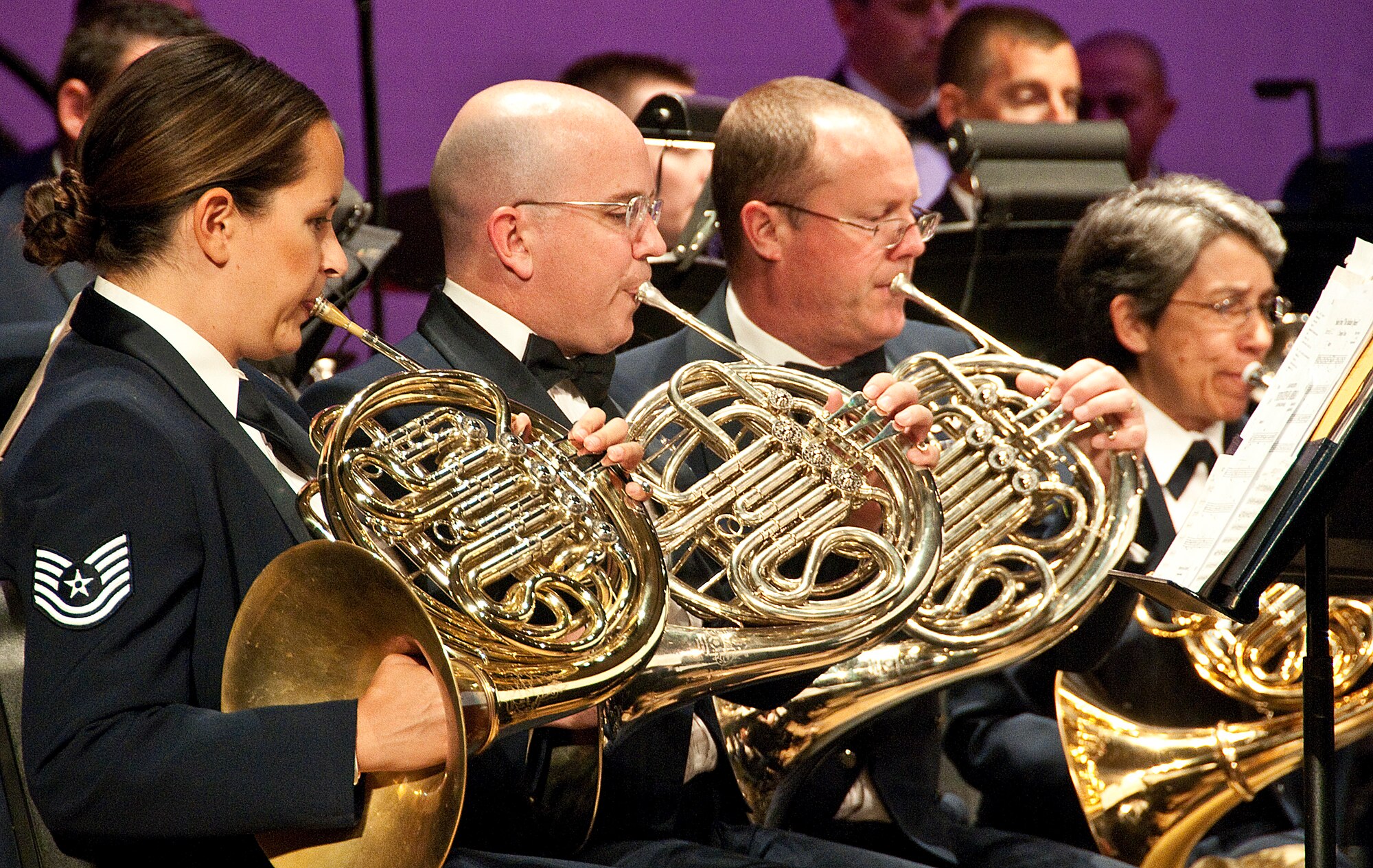 French horns from the 562nd Air National Guard Band of the Southwest and 561st Air National Guard band of the West Coast perform during a combined concert. Music from the recently recorded CD project "F'ag of Stars" was performed for the public in Oxnard California. 10 July 2010

Photo by MSgt Dave Buttner
