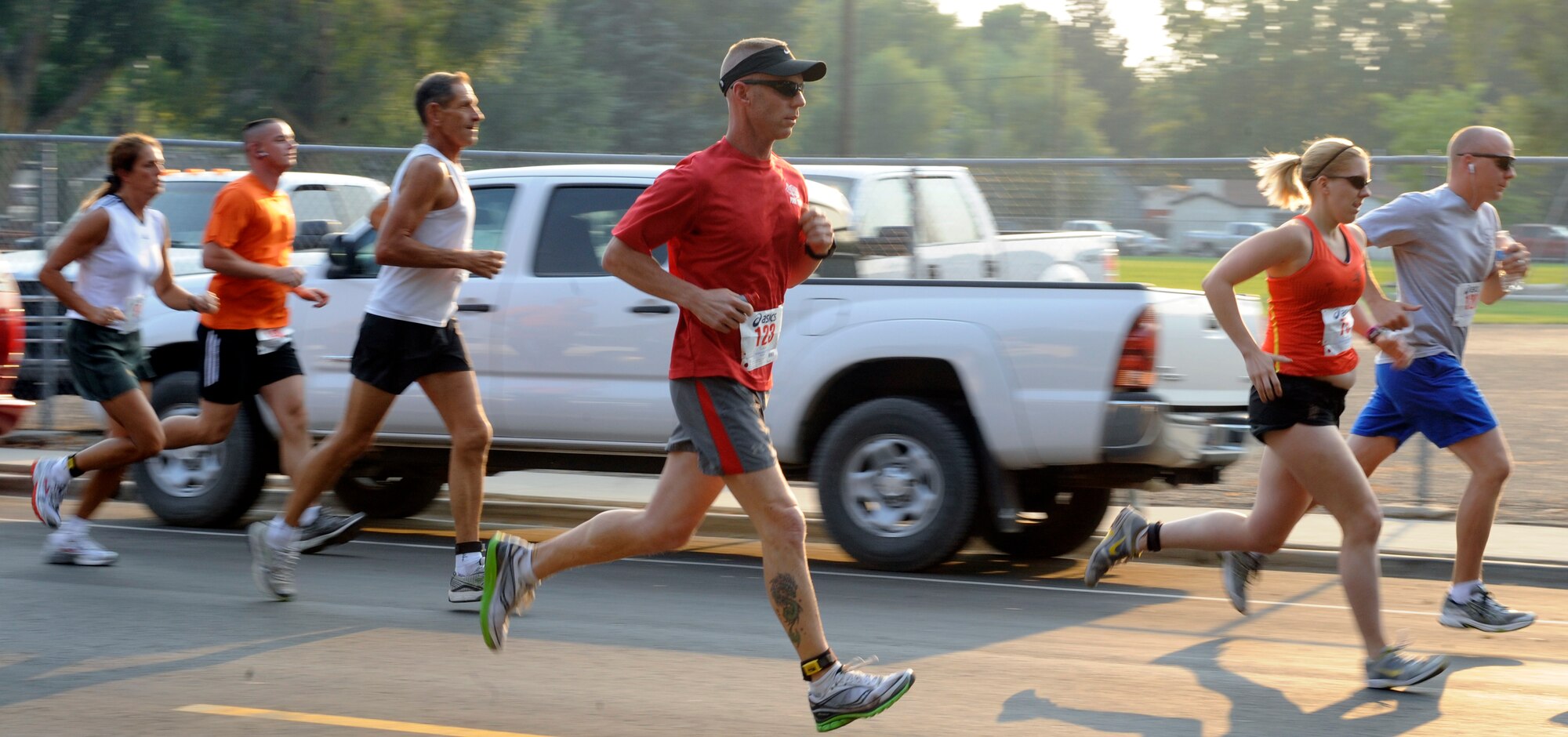 MOUNTAIN HOME, Idaho – Chief Master Sgt. John Weimer, 366th Fighter Wing command chief, participates in the Air Force Appreciation Day Fun Run here, Sept. 9. Military members and the local community came together for the three-mile run. (U.S. Air Force photo by Senior Airman Angelina Drake)