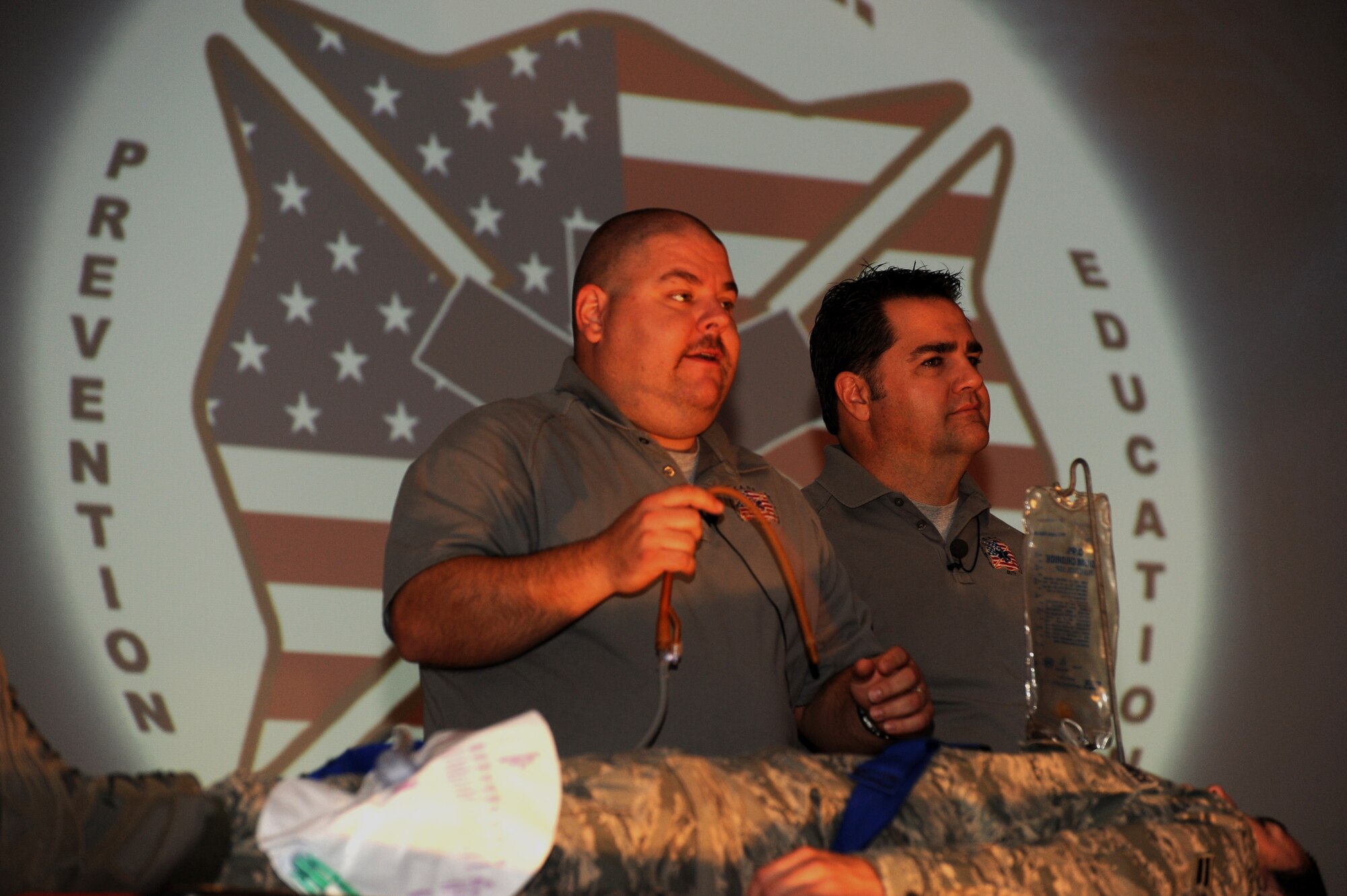 Scott McEntyre and Joe McCluan from the Florida Stay Alive From Education program, teach the dangers of driving through their Street Smart Presentation at Cannon Air Force Base, N.M., Sept 13. 2011. Car Crashes are the leading cause of non-combat related deaths of Airmen. (U.S. Air Force photo by Airman 1st Class Xavier Lockley)