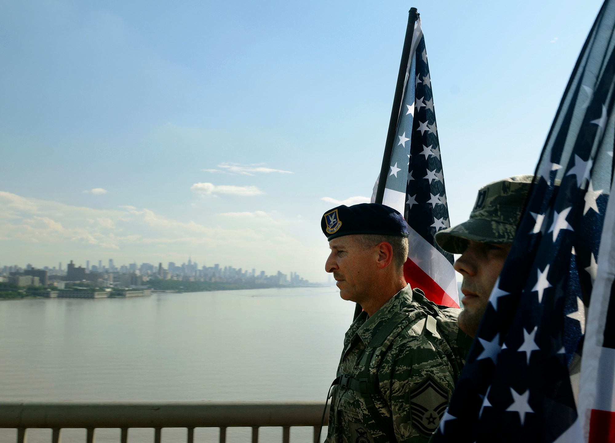 U.S. Air Force Security Forces airman march across the George Washington Bridge into Manhattan, New York during the Security Forces 9/11 Ruck March to Remember, Sept. 10. More than 300 active-duty, Guard and Reserve Airmen from 23 units took turns marching from the Security Forces Center at Lackland Air Force Base, Texas, on July 12 to New York, handing off a guidon at each leg to honor the security forces members and Americans who died on 9/11 and in the ensuing wars. (U.S. Air Force photo/Tech. Sgt. Bennie J. Davis III)