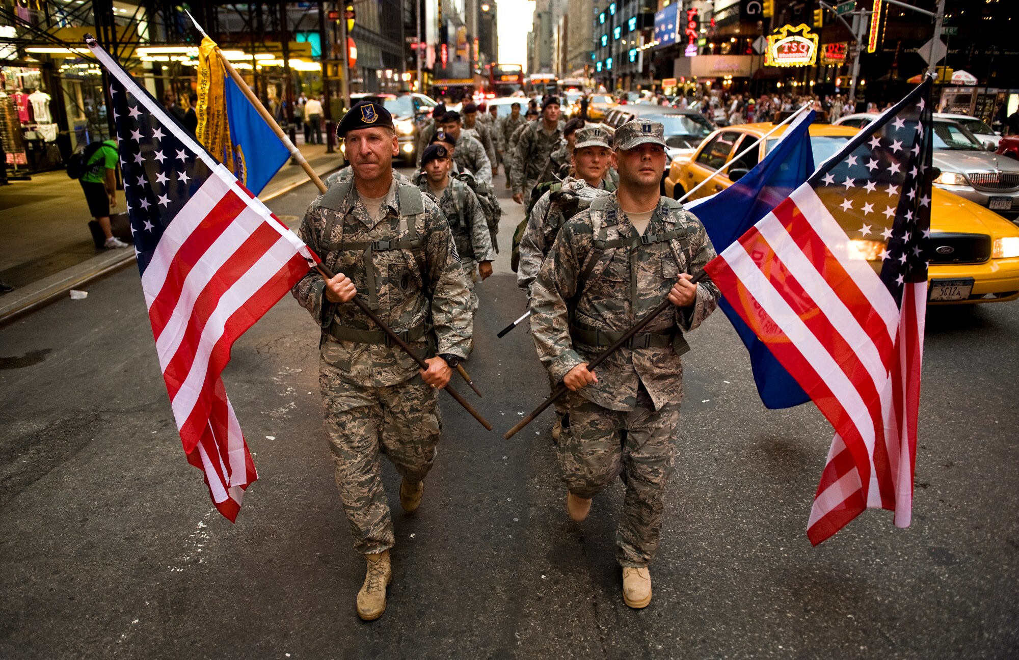 U.S. Air Force Security Forces airman march into Times Square, NYC completing the second-to-last day of the Security Forces 9/11 Ruck to Remember, Sept. 10. (U.S. Air Force photo/Tech. Sgt. Bennie J. Davis III)