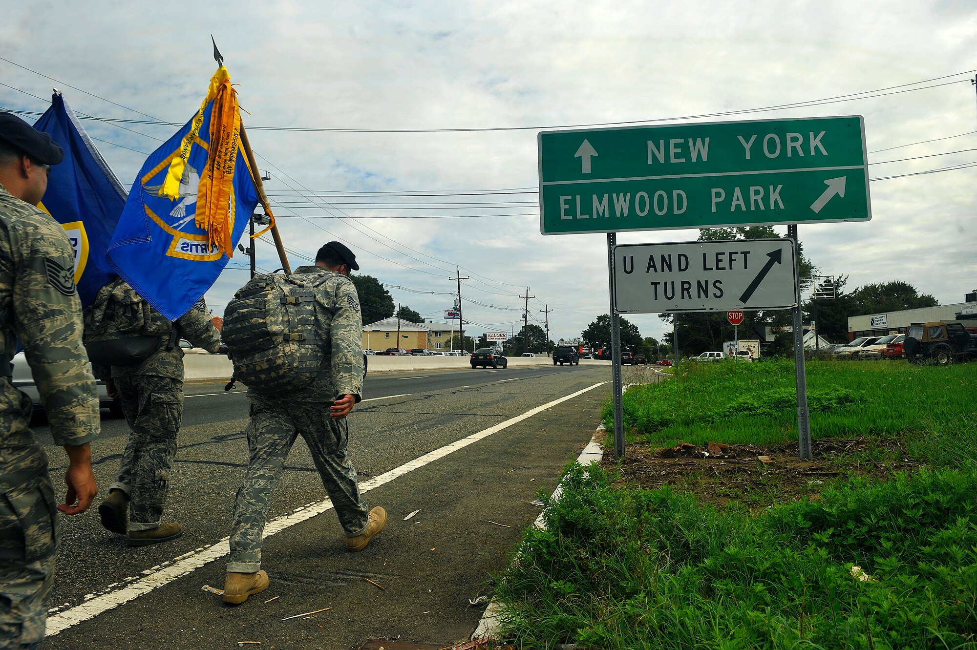 Security Forces airman from the 108th and 105th Security Forces Squadron from N.J. and N.Y. participate in the Security Forces 9/11 Ruck March to Remember in Denville, N.J., Sept. 10. More than 300 active-duty, Guard and Reserve Airmen from 23 units took turns marching from the Security Forces Center at Lackland Air Force Base, Texas, on July 12 to New York, handing off a guidon at each leg to honor the security forces members and Americans who died on 9/11 and in the ensuing wars. (U.S. Air Force photo/Tech. Sgt. Bennie J. Davis III)