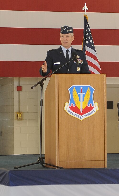 U.S. Air Force Gen. Mike Hostage  addresses the men and women of Air Combat Command during the change of command ceremony at Langley Air Force Base, Va., Sept. 13, 2011. Hostage served as the commander of the U.S. Air Forces Central Command from August 2009 to August 2011. (U.S. Air Force photo by Staff Sgt. Antoinette Gibson/Released)