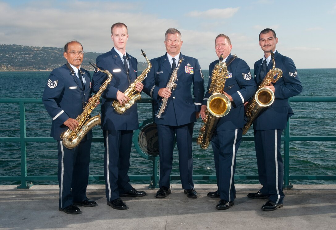 The 562 Air Force Band - "Golden Tones" Saxaophone Quintet takes time for a photo on Redondo Pier in California before a concert 16 July 2011 Photo by TSgt Chuck Hatton