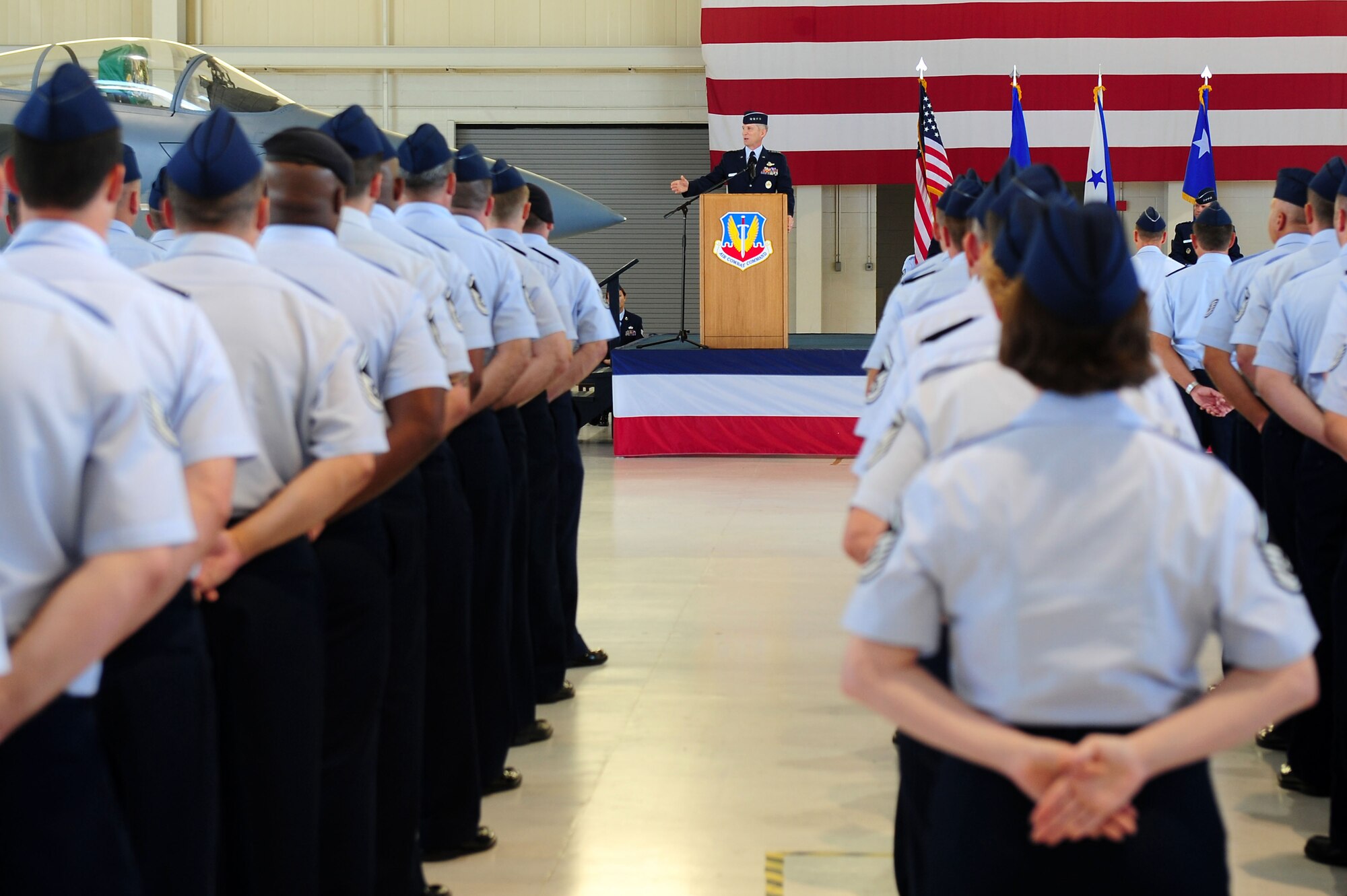 U.S. Air Force Gen. Mike Hostage addresses the crowd for the first time as the Air Combat Command’s new commander during the change of command ceremony at Langley Air Force Base, Va., Sept. 13, 2011. Hostage is a command pilot with more than 4,000 flying hours. (U.S. Air Force photo by Airman 1st Class Kayla Newman/Released)