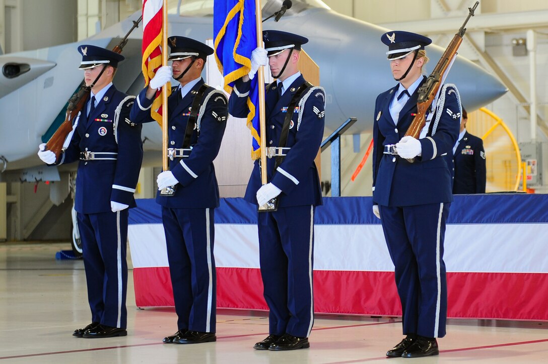 The 633rd Air Base Wing Honor Guard presents the colors at the Air Combat Command Change of Command ceremony at Langley Air Force Base, Va., Sept. 13, 2011. U.S. Air Force Gen. Mike Hostage assumed command of ACC from General William M. Fraser III. (U.S. Air Force photo by Airman 1st Class Kayla Newman/Released)